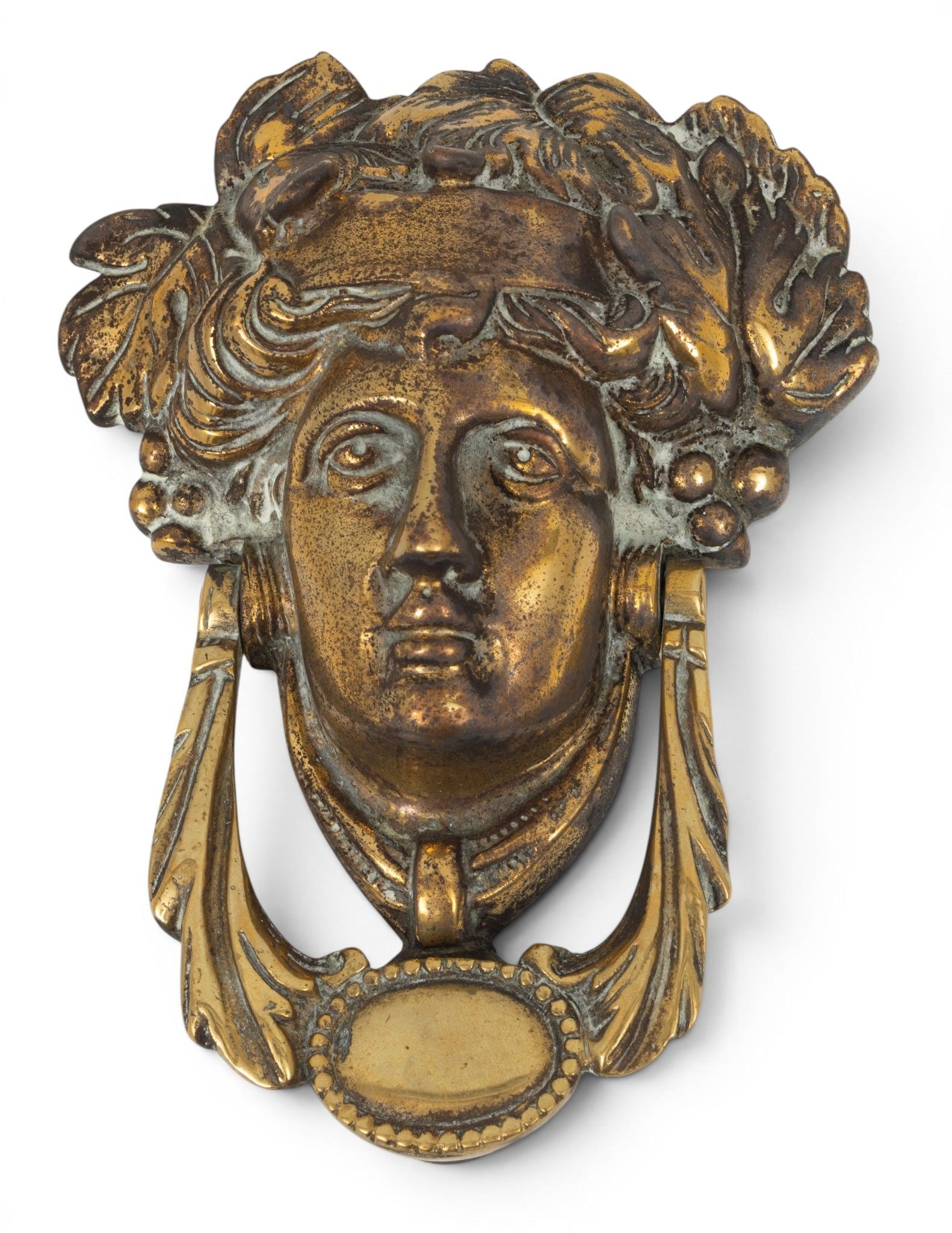 Brass Door Knocker in the Form of Bacchus, Ca. Early 20th C., H 6.5" W 4.75" (1 of 2)
