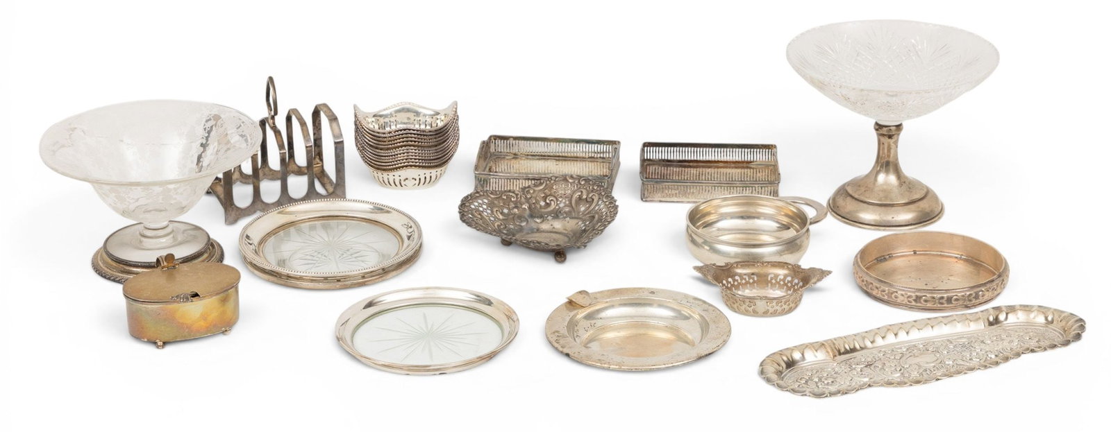 Miscellaneous Sterling Silver Table Accessories 28 PCS: Miscellaneous Sterling Silver Table Accessories 28 PCS (1.) Twelve Webster Co sterling silver reticulated nut dishes. H 1.25" W 3" Dep 2.25". (2.) A Baldwin & Miller sterling silver ashtray. Dia 4