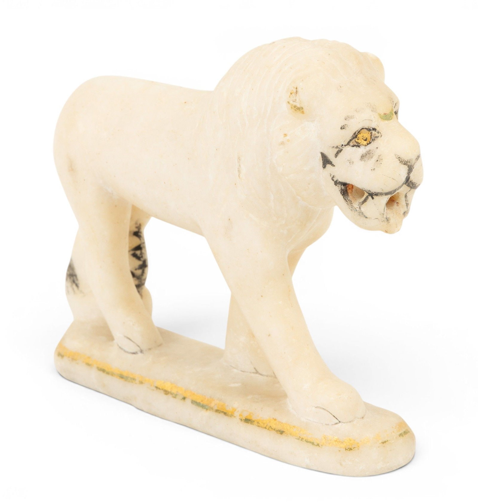Painted Marble Model of a Lion H 5.5" W 1.5" Depth 6.5": Painted Marble Model of a Lion H 5.5" W 1.5" Depth 6.5" A carved marble standing lion. Gilt decoration. Provenance: Property from a West Bloomfield, MI private collector Dimensions: H 5.5" W 1.5" Dept
