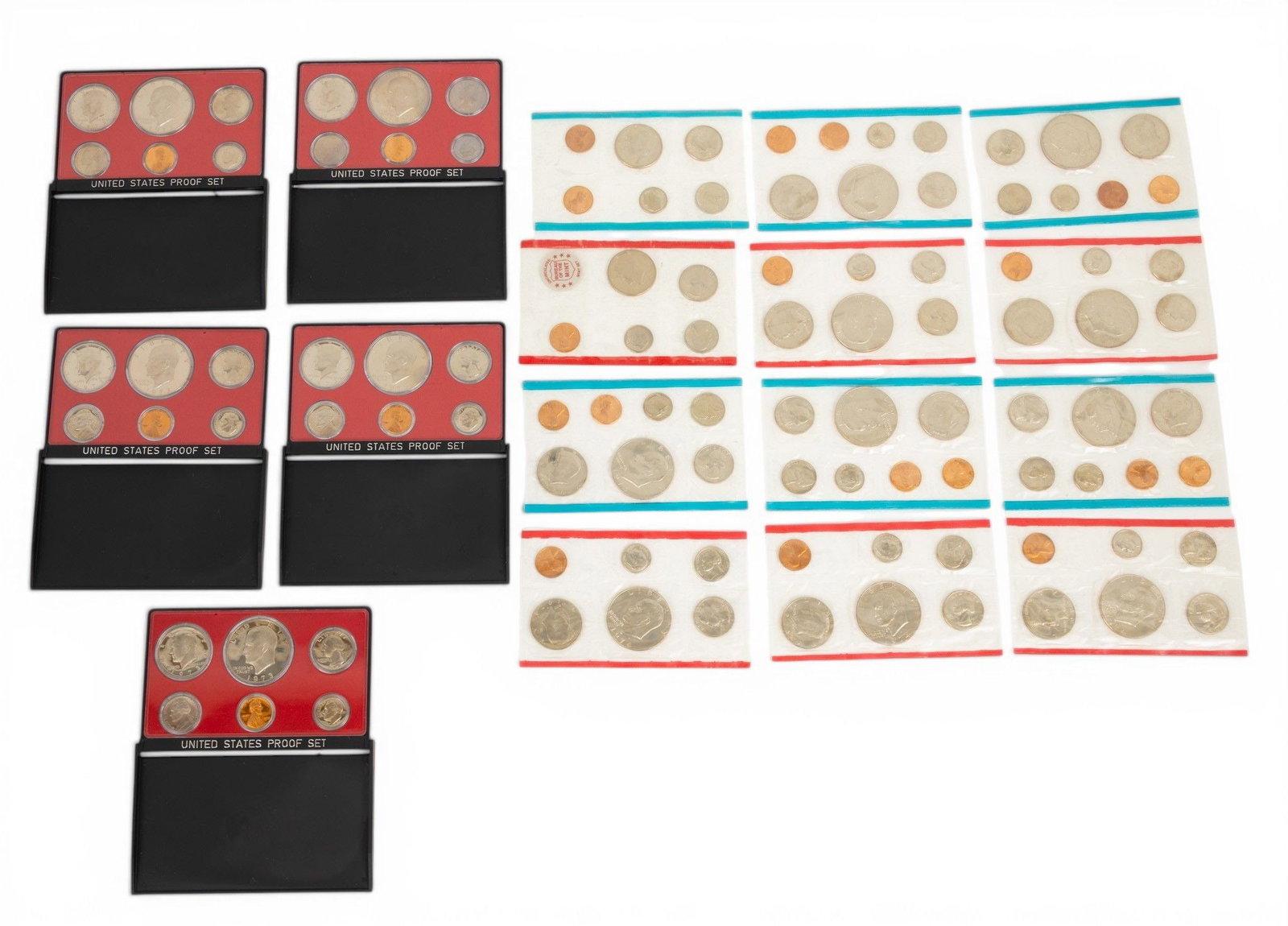 (5)1973 Proof Sets: Ike$1, Kennedy .50, Washington .25, Roosevelt.10, Jefferson .05, .01, + (1 of 10)