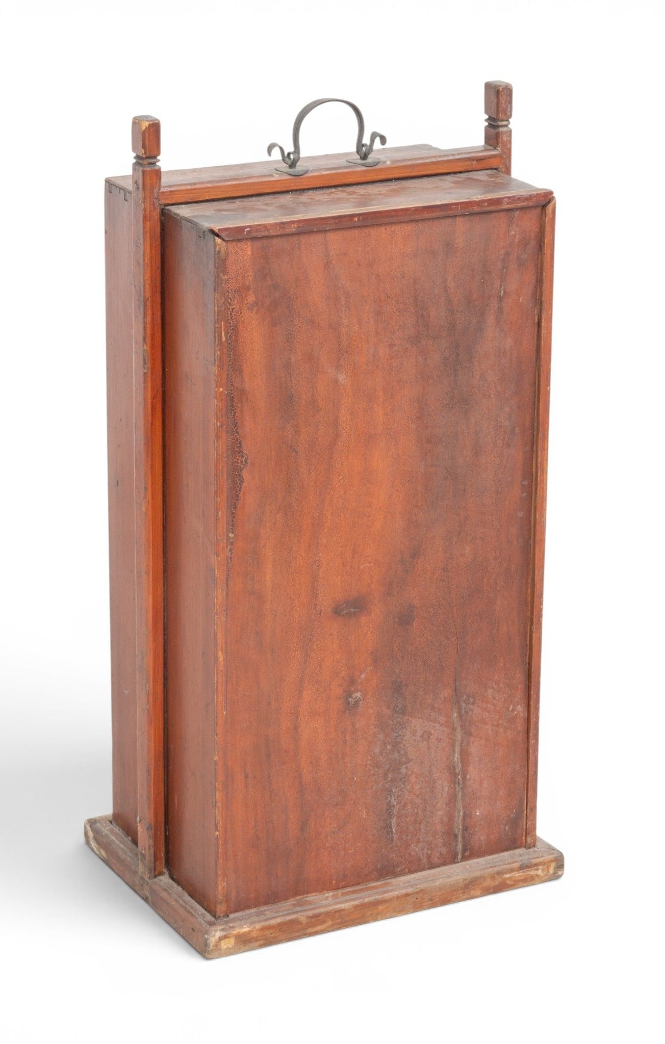 Chinese Pine Traveling Cabinet, Ca. Early 20th C., H 32.5" W 16" Depth 12": Chinese Pine Traveling Cabinet, Ca. Early 20th C., H 32.5" W 16" Depth 12" Having a sliding wooden doors that opens to reveal a shelved interior. Dovetail and mortise and tenon construction. Wrought i