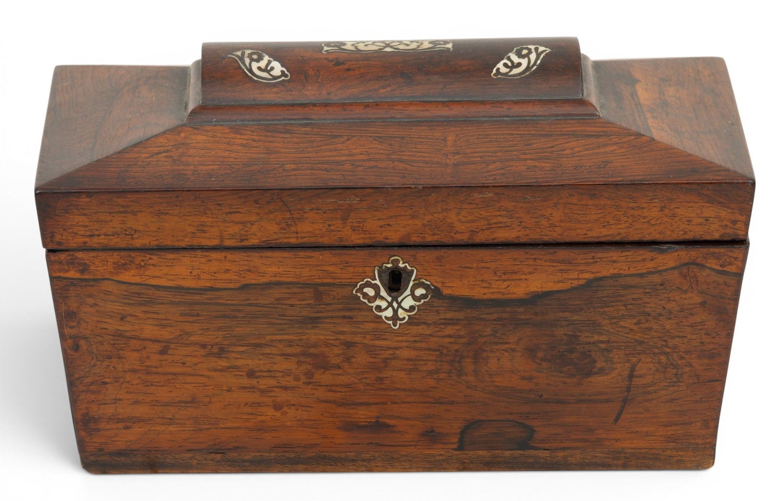 English Carved Rosewood and Mother of Pearl Tea Caddy 19th Cent., H 7" L 12" Depth 6" (1 of 5)