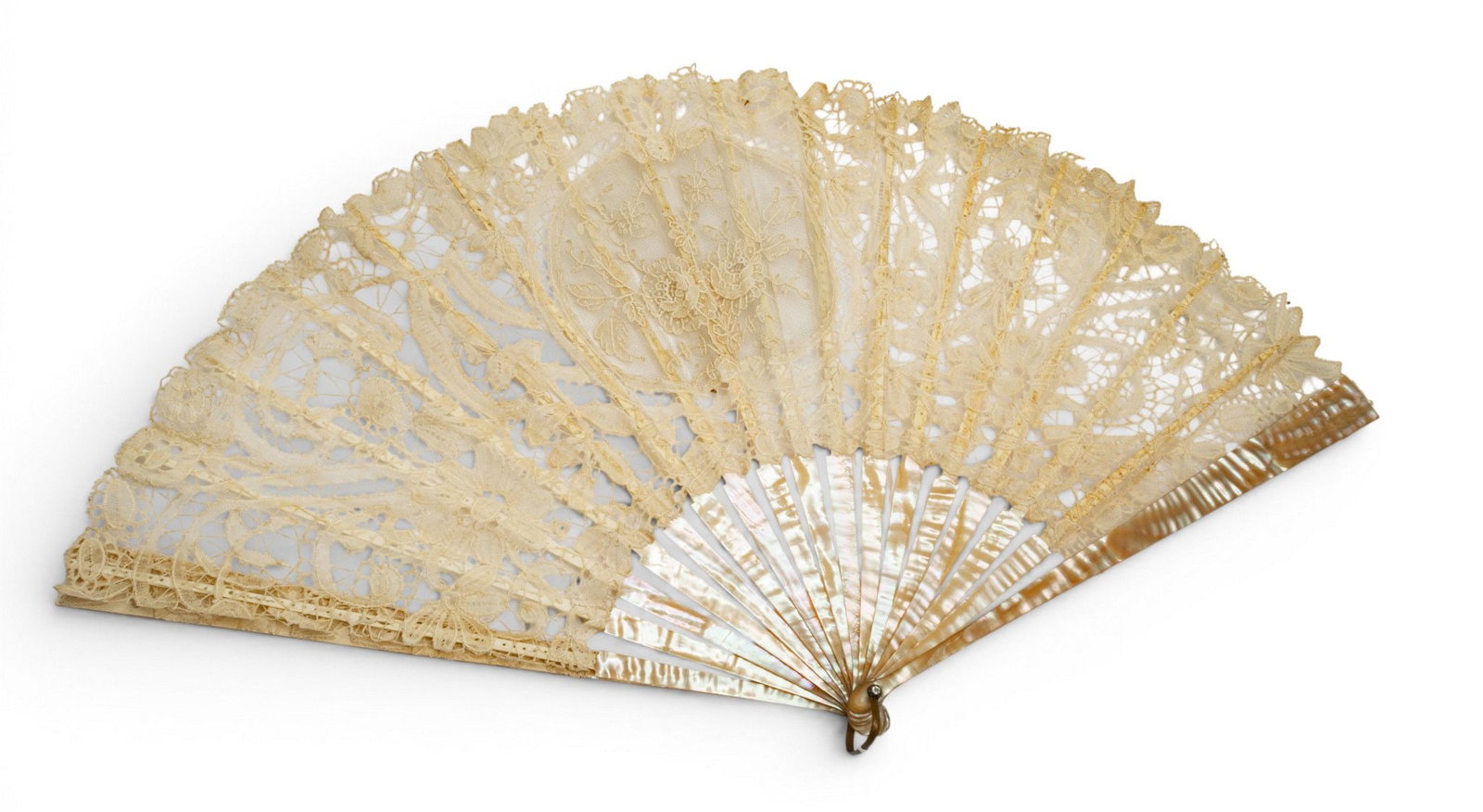 Venetian Hand Made Lace and Mother of Pearl Fan 1900, H 12.5" W 22" (1 of 4)
