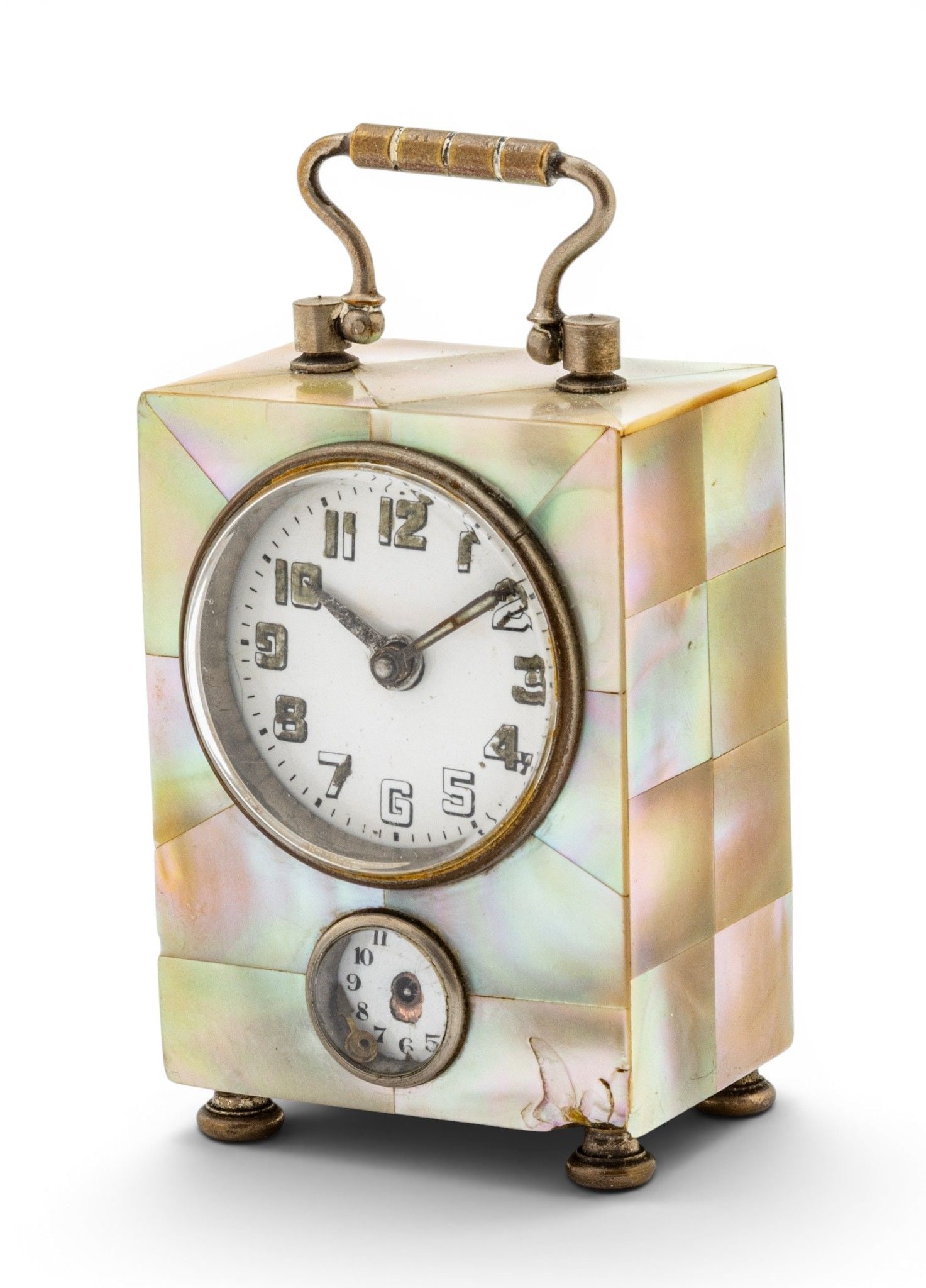 English Mother of Pearl Miniature Carriage Clock, Ca. Late 19th C., H 2.5" W 1.75" Depth 1.25" (1 of 8)