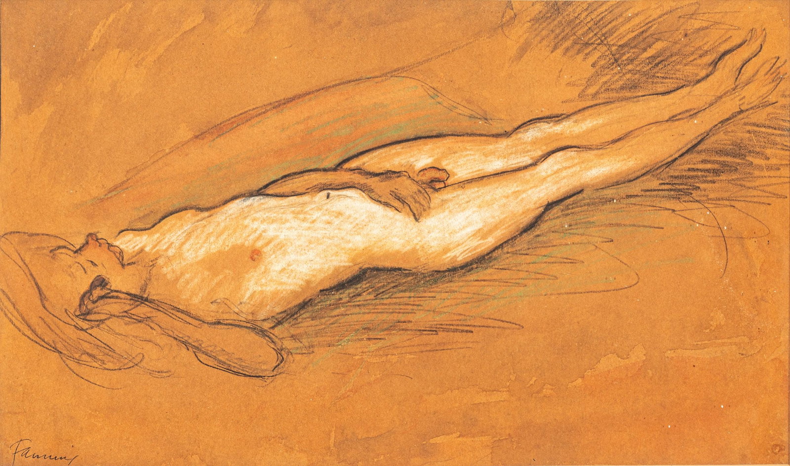 William Sanders Fanning (American, 1887-1986) Pastel on Paper, Male Model, H 9" W 16.25": William Sanders Fanning (American, 1887-1986) Pastel on Paper, Male Model, H 9" W 16.25" Signed lower left. A pastel on paper study of the male figure. Matted and framed under glass. Provenance: