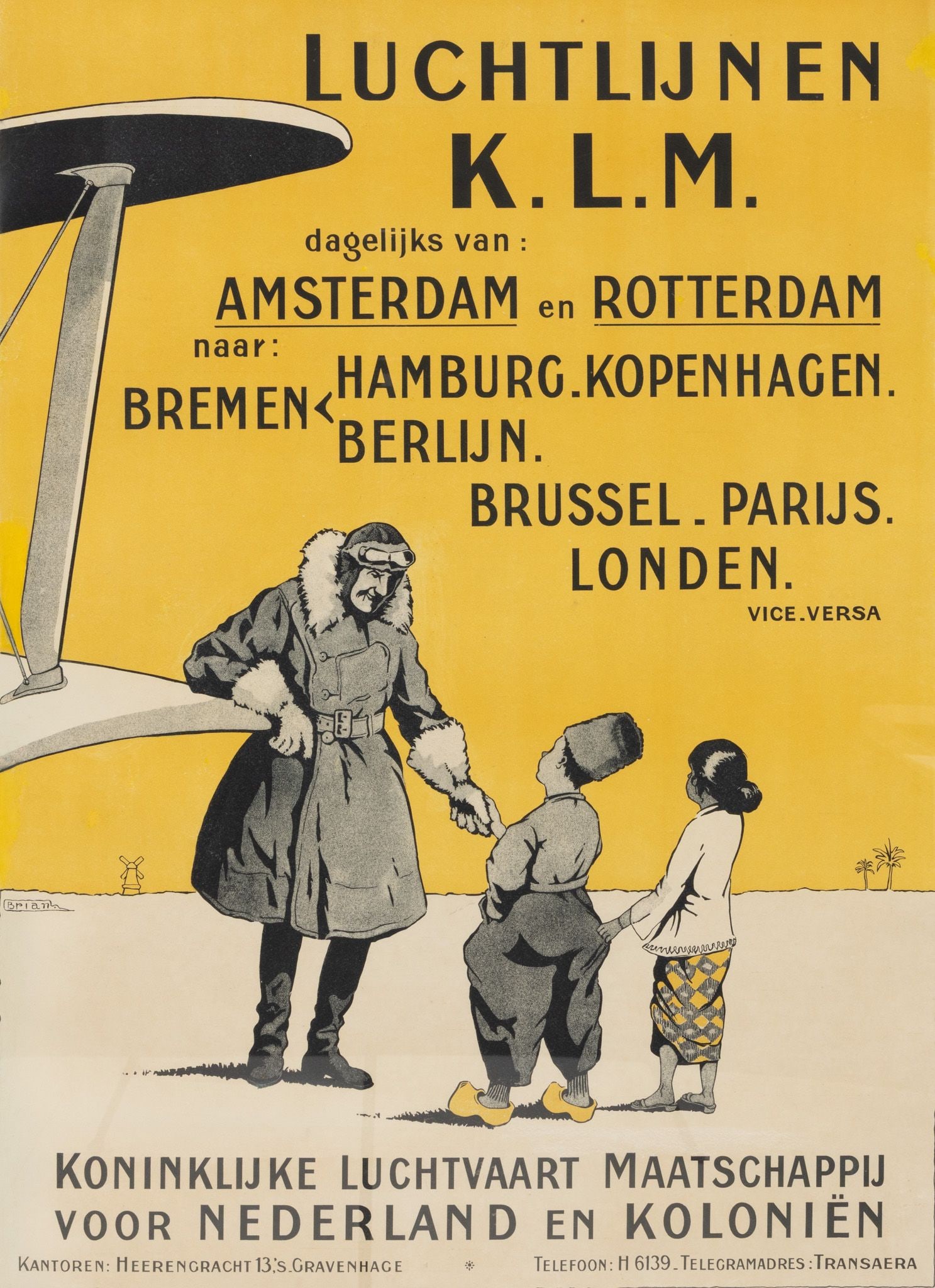 Vintage KLM Airlines Lithograph Poster, Ca. 1919, 'LUCHTLIJNEN', H 39" W 29": Vintage KLM Airlines Lithograph Poster, Ca. 1919, 'LUCHTLIJNEN', H 39" W 29" Depicting a man leaning against a plane and greeting two children. Dimensions: H 39" W 29" Frame Size: H 47" W 37"