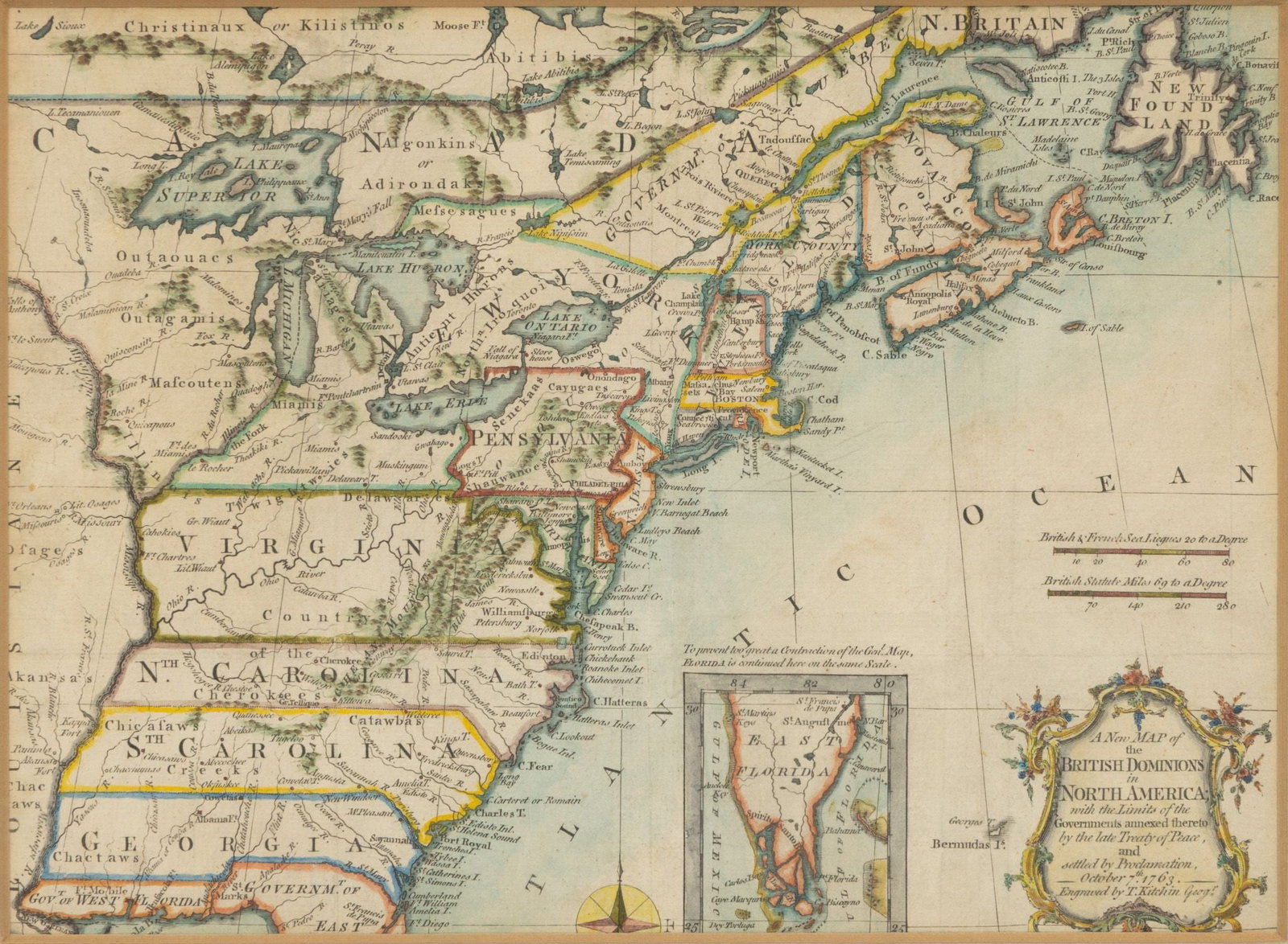 English Hand-Colored, Engraved Map, Ca. 18th Century, 'British Dominions in North America - Treaty (1 of 4)