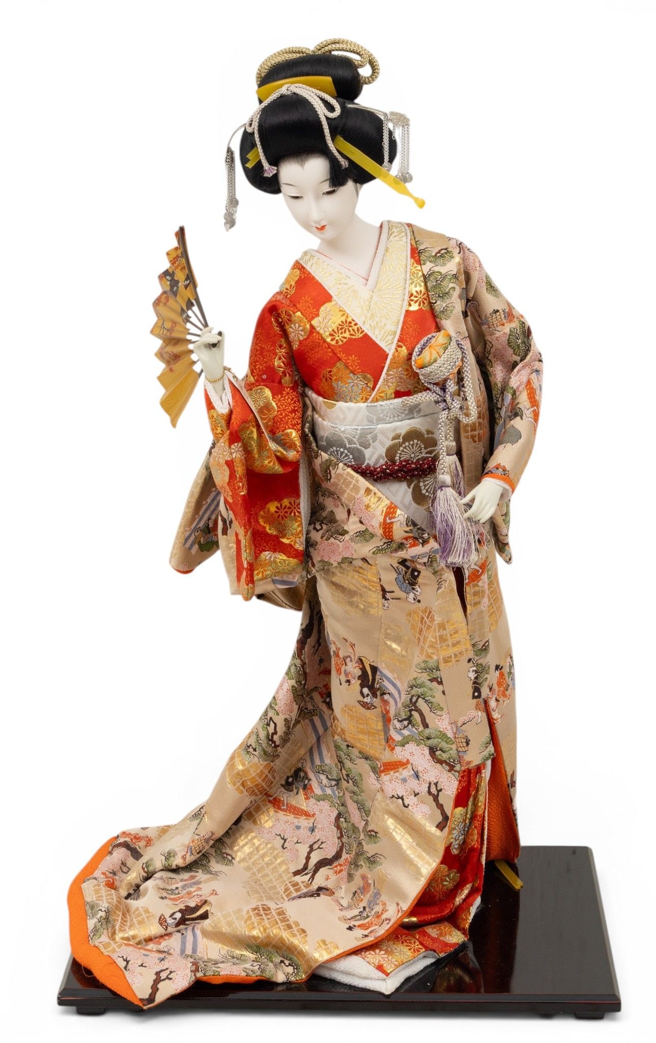Japanese Decorative Standing Doll in Silk Costume H 25" 1 PC: Japanese Decorative Standing Doll in Silk Costume H 25" 1 PC Standing on black lacquer platform 16" x 12". Geisha girl is wearing costume of silk with gold thread. From a home on Lone Pine