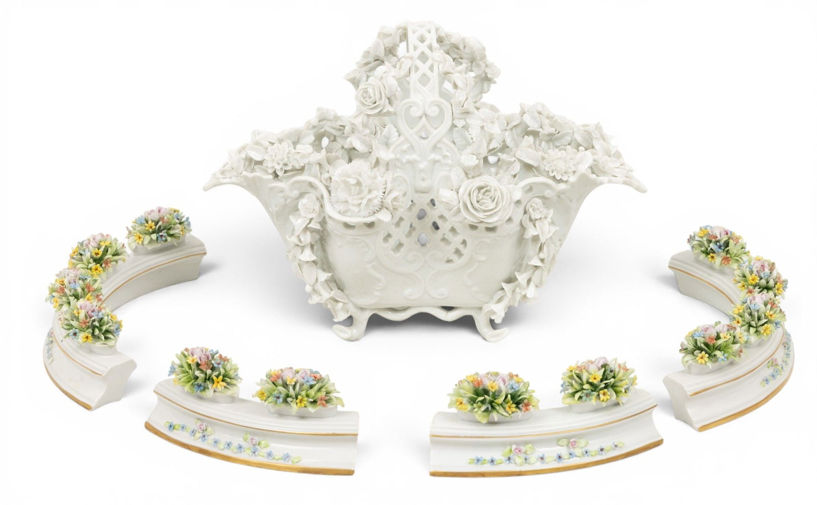 Capo De Monte, (Germany) Porcelain Circle Centerpiece + White Porcelain Centerpiece Basket H 3" Dia. (1 of 8)