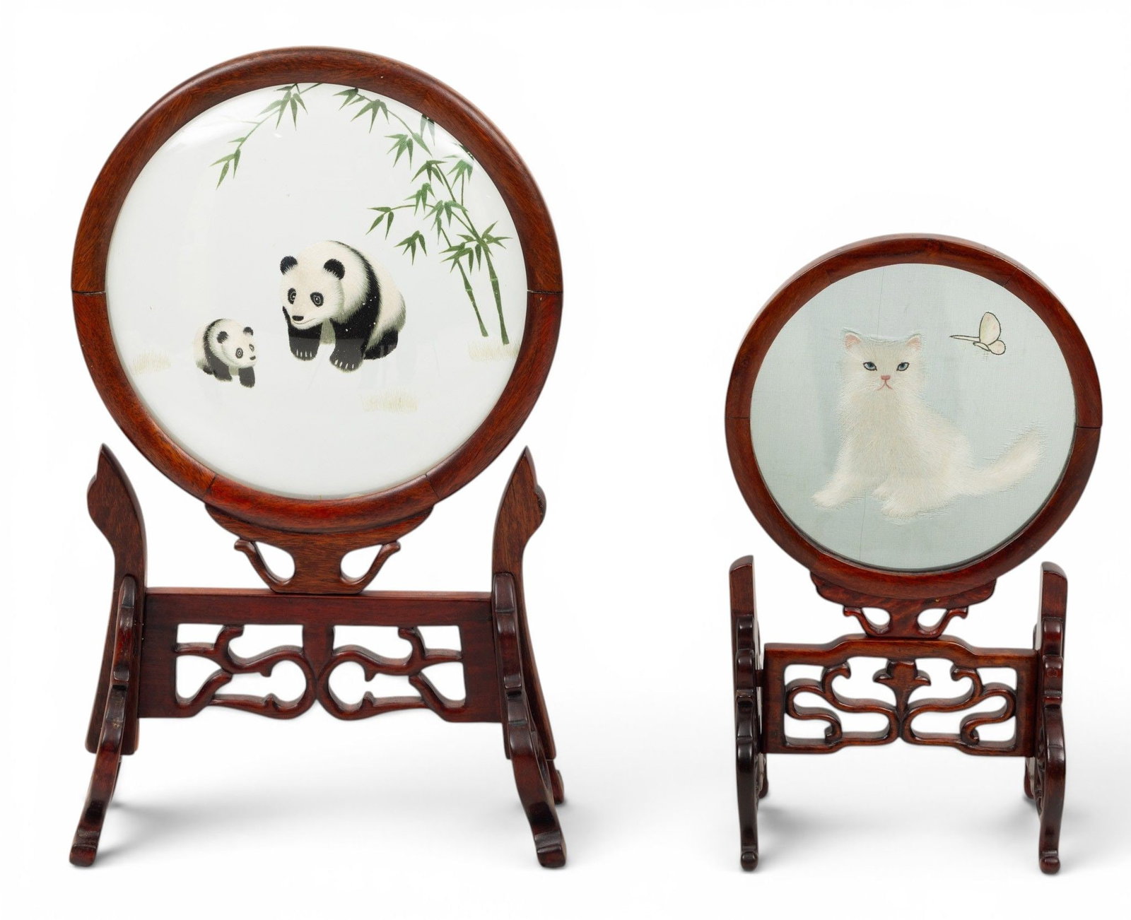 Chinese Round Teakwood and Glass Table Screens, Panda 9" and Cat 1960, H 12" Dia. 6" 2 PCS (1 of 4)