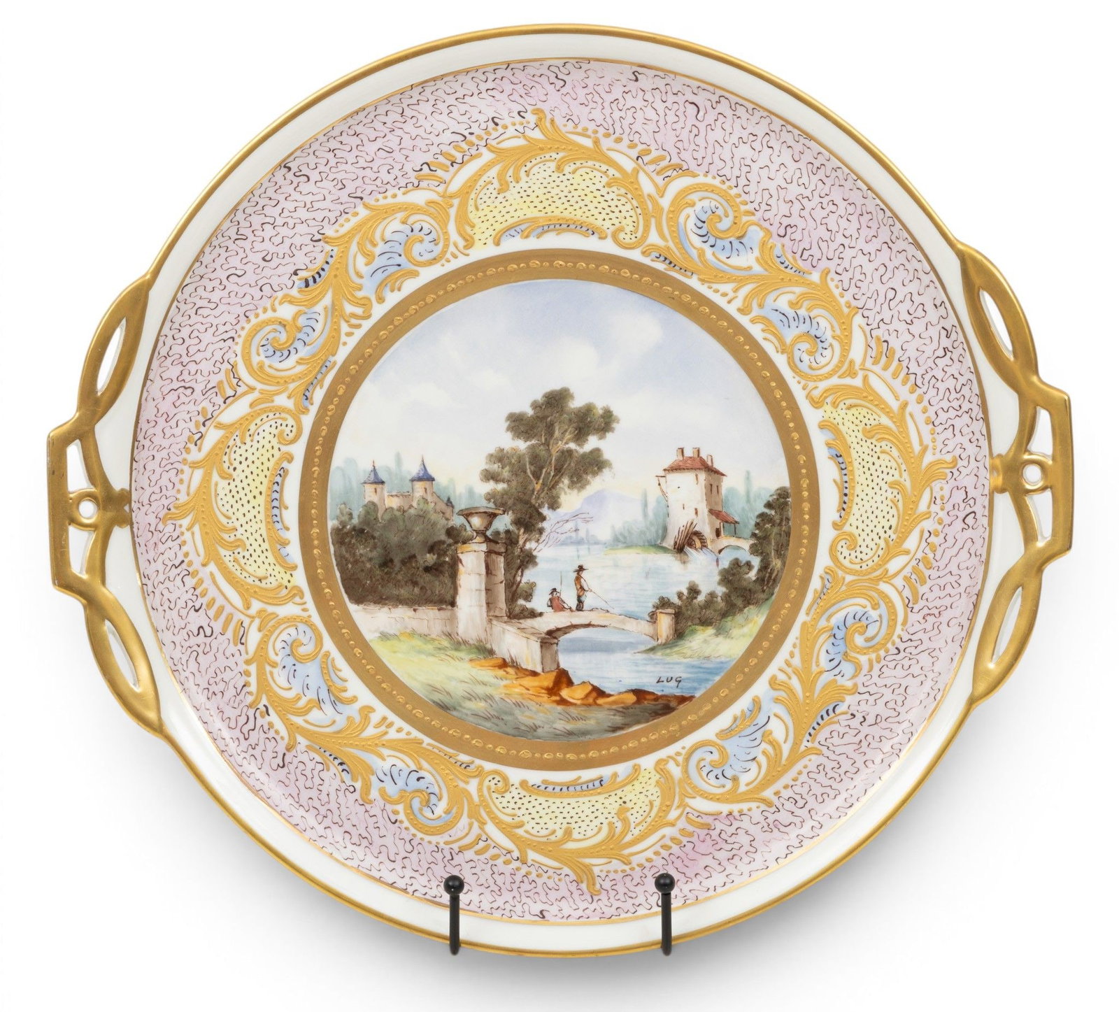 French Limoges Porcelain and Heavy Fired Gold Double Handles Petit Fours Serving Tray 1900-1910,: French Limoges Porcelain and Heavy Fired Gold Double Handles Petit Fours Serving Tray 1900-1910, 'Lac De Lugano', Dia. 15.5" Having a hand painted center motif after the 18th c. Sevres "Service des Vu