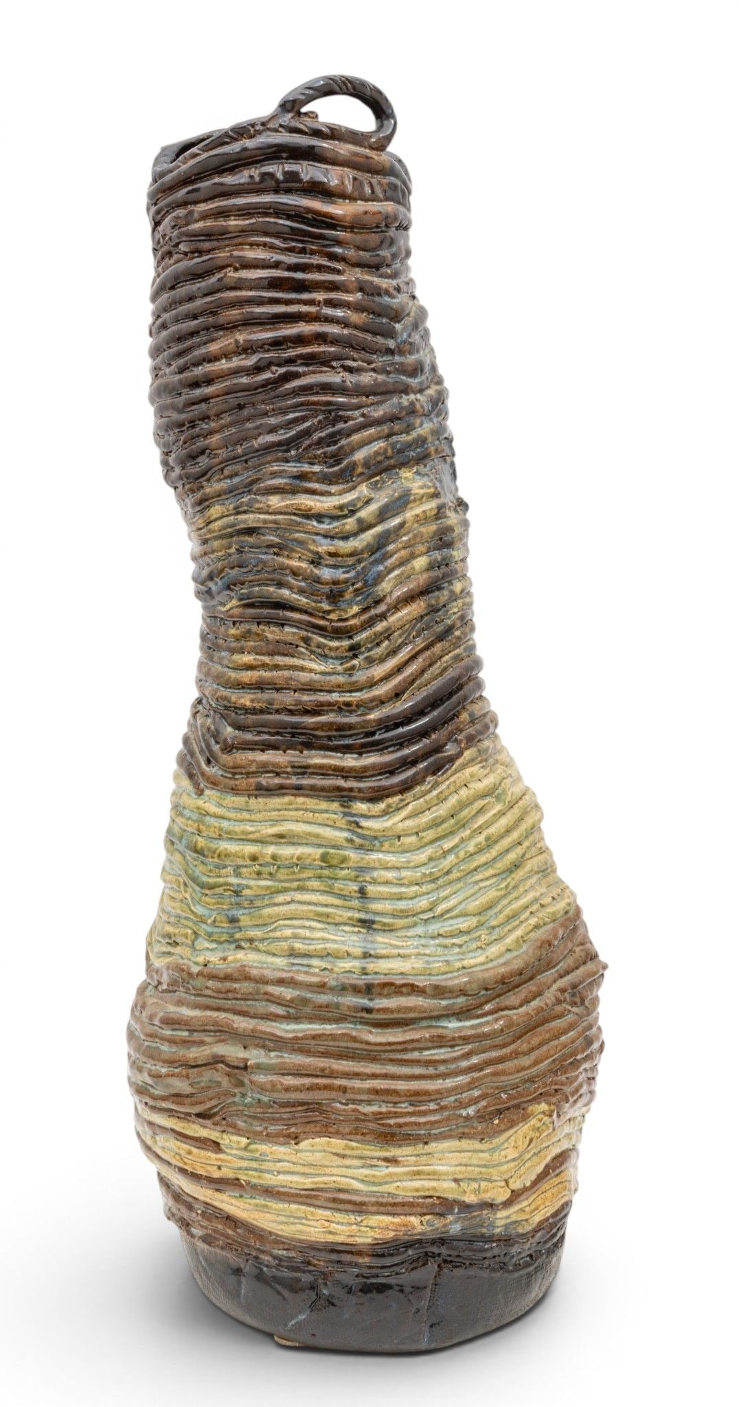 American Art Pottery Glazed Ceramic Vase, H 25" W 8.5" Depth 8": American Art Pottery Glazed Ceramic Vase, H 25" W 8.5" Depth 8" Coil construction with a glossy glazes in black, brown and pale green. No apparent markings. Provenance: From the Collection