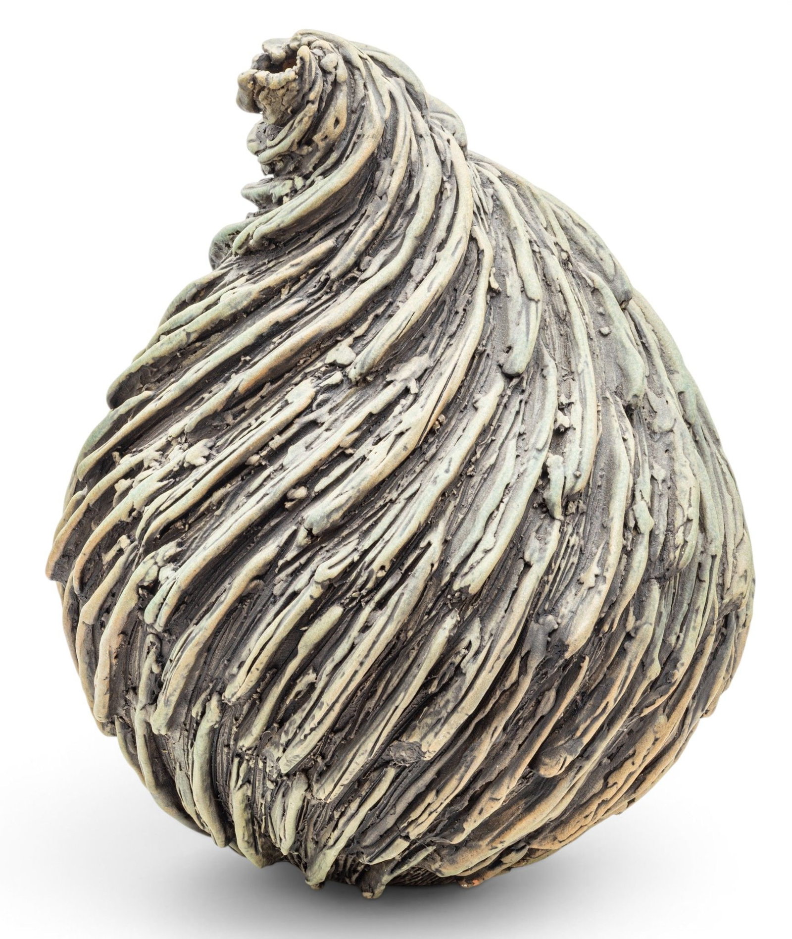 William Kidd (American, 20th C.) Glaze Terracotta Sculpture, 2002, H 20" Dia. 16": William Kidd (American, 20th C.) Glaze Terracotta Sculpture, 2002, H 20" Dia. 16" Signed and dated at the underside. Having a greenish-grey matte glaze. In a swirling flame-form. Provenance: Fro