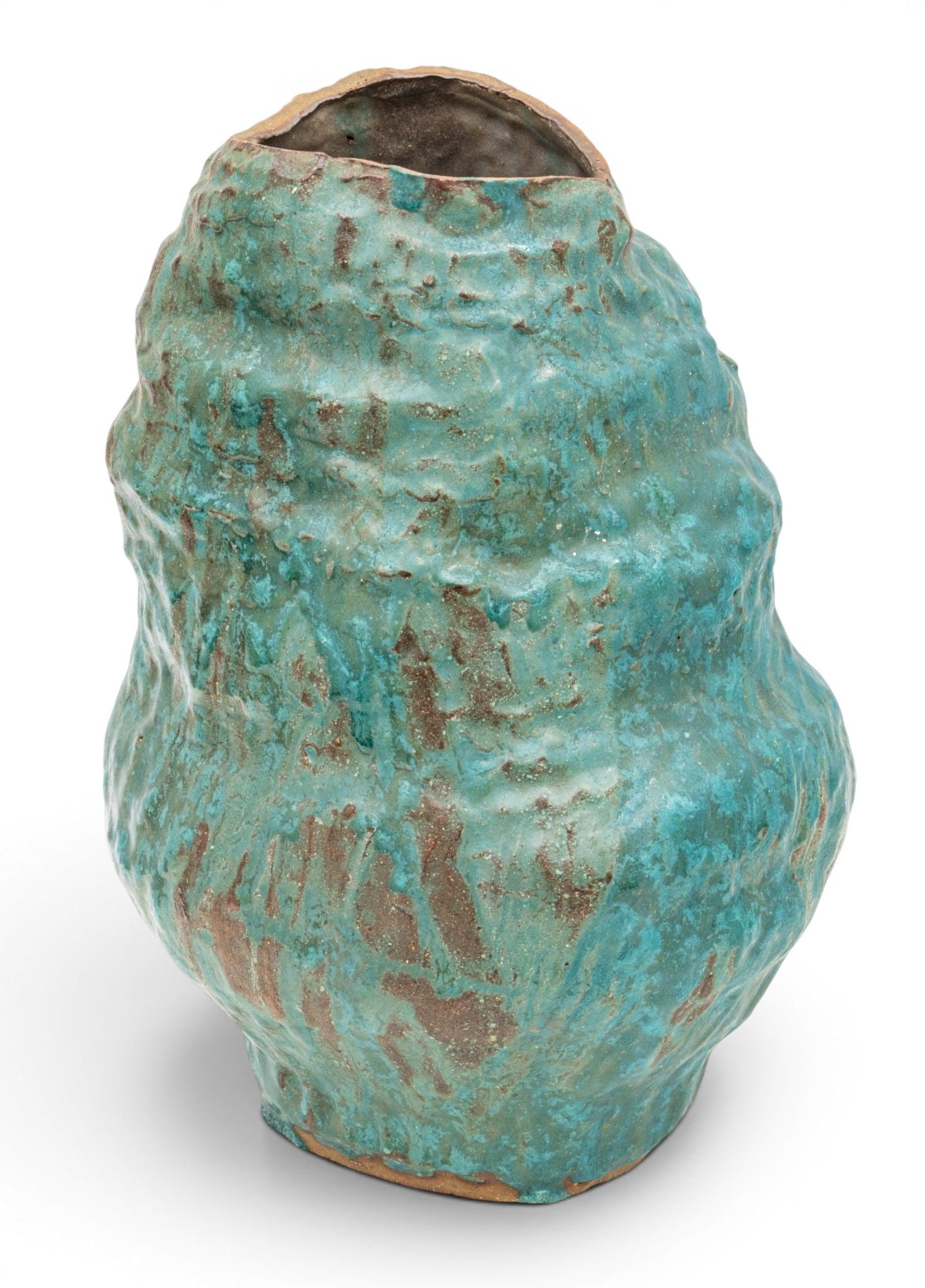 American Art Pottery Glazed Ceramic Vase, H 15" L 9" Depth 7": American Art Pottery Glazed Ceramic Vase, H 15" L 9" Depth 7" Having a turquoise glossy glaze. Unmarked. Provenance: From the Collection of Frech F. Sutherland Royal Oak, Michigan Dimensions: H 