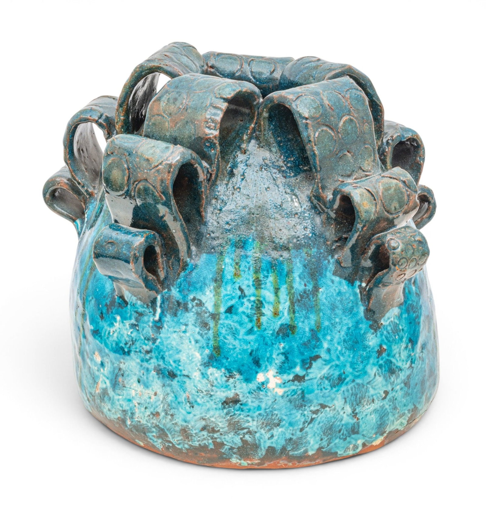 American Art Pottery Glazed Terracotta Vase, H 12" Dia. 13": American Art Pottery Glazed Terracotta Vase, H 12" Dia. 13" Unsigned. Having a turquoise and green glossy glaze. Ribbon-form handles. Provenance: From the Collection of Frech F. Sutherland Royal