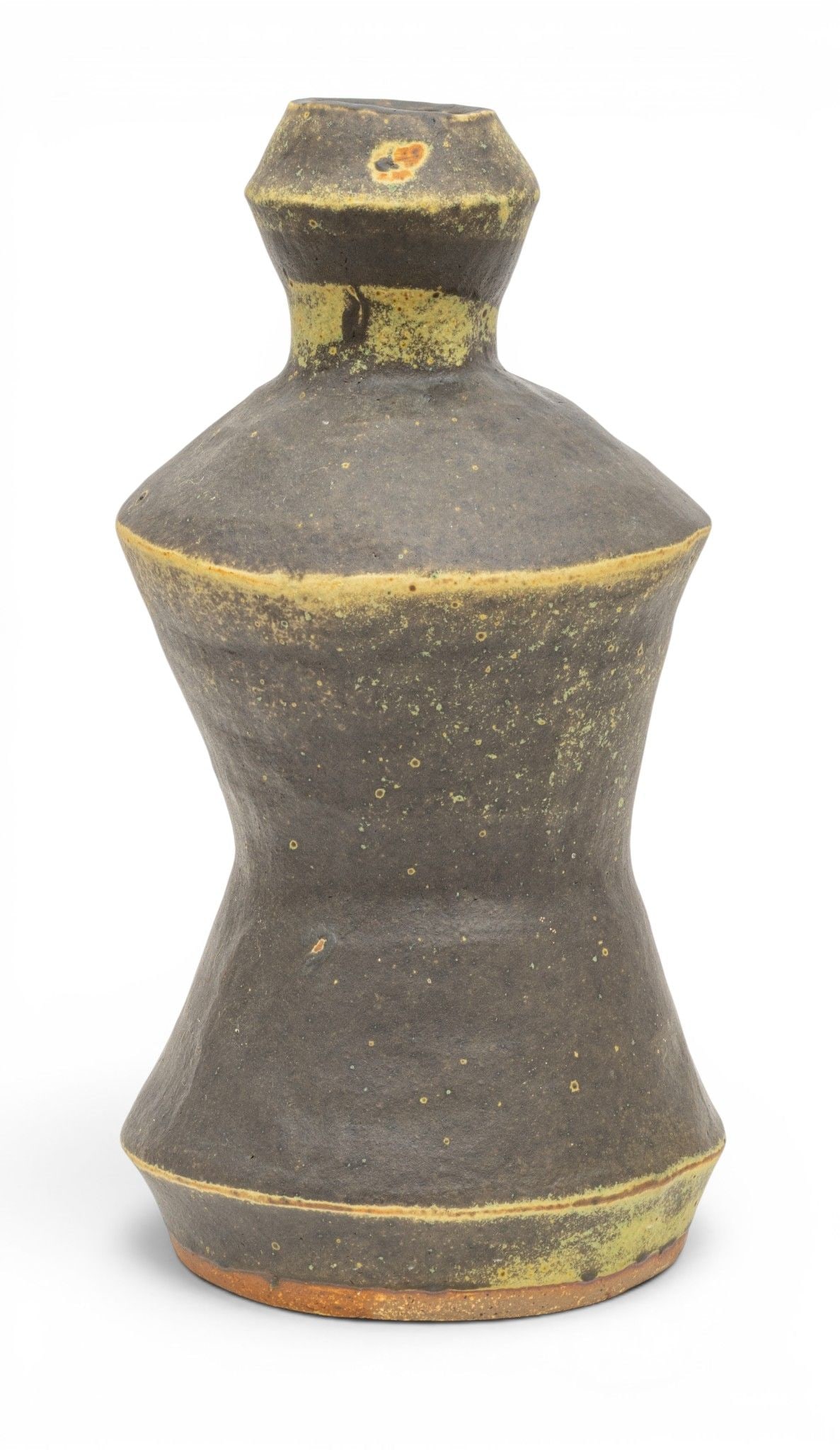 American Art Pottery Glazed Stoneware Vase, H 12" Dia. 6": American Art Pottery Glazed Stoneware Vase, H 12" Dia. 6" Having a pinched body with a matte black glaze and accents of yellow. Unsigned. Provenance: From the Collection of Frech F. Sutherland R