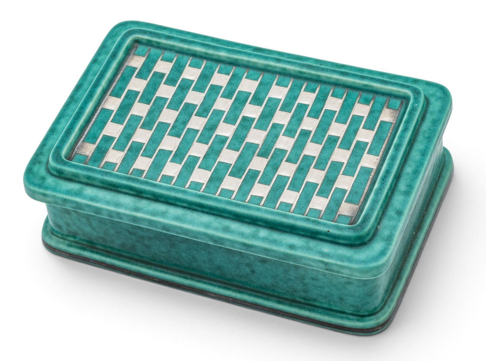 Wilhelm Kåge (Swedish, 1889-1960) for Gustavsberg, Argenta Ceramic Trinket Box, 1230, Mid 20th: Wilhelm Kåge (Swedish, 1889-1960) for Gustavsberg, Argenta Ceramic Trinket Box, 1230, Mid 20th C., H 2" W 4" L 5.75" Marked on the underside Gustavberg, Argenta, 1230, made in Sweden. Turquoise g