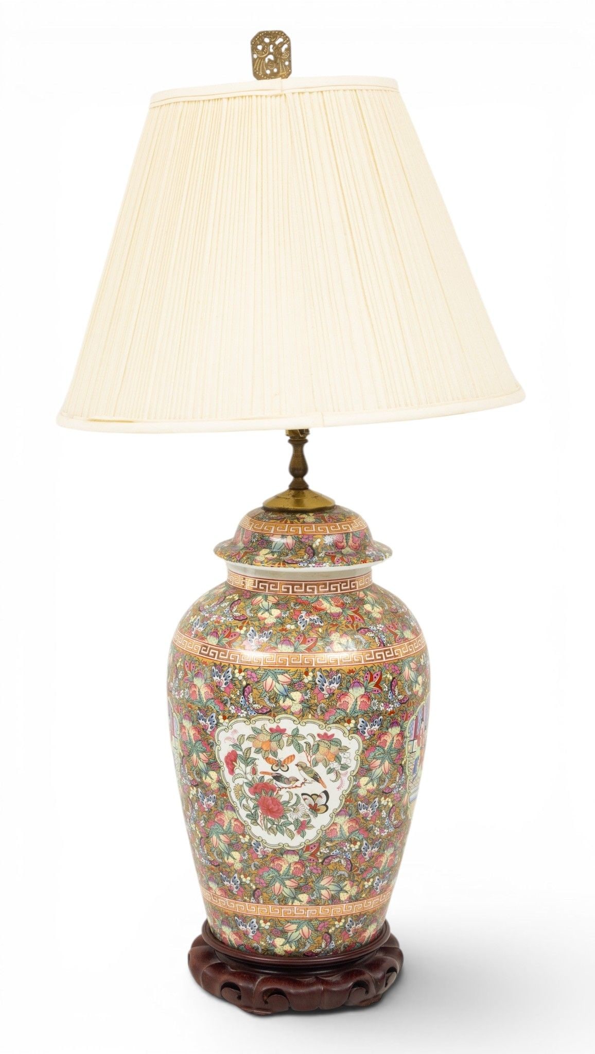 Chinese Famille Rose Style Porcelain Vase Mounted As a Lamp 20th C., H 36" 1 PC: Chinese Famille Rose Style Porcelain Vase Mounted As a Lamp 20th C., H 36" 1 PC Vase only is 19". Overall 36". Famille rose pattern. Silk shade. Provenance: Property from the collection of Toby 