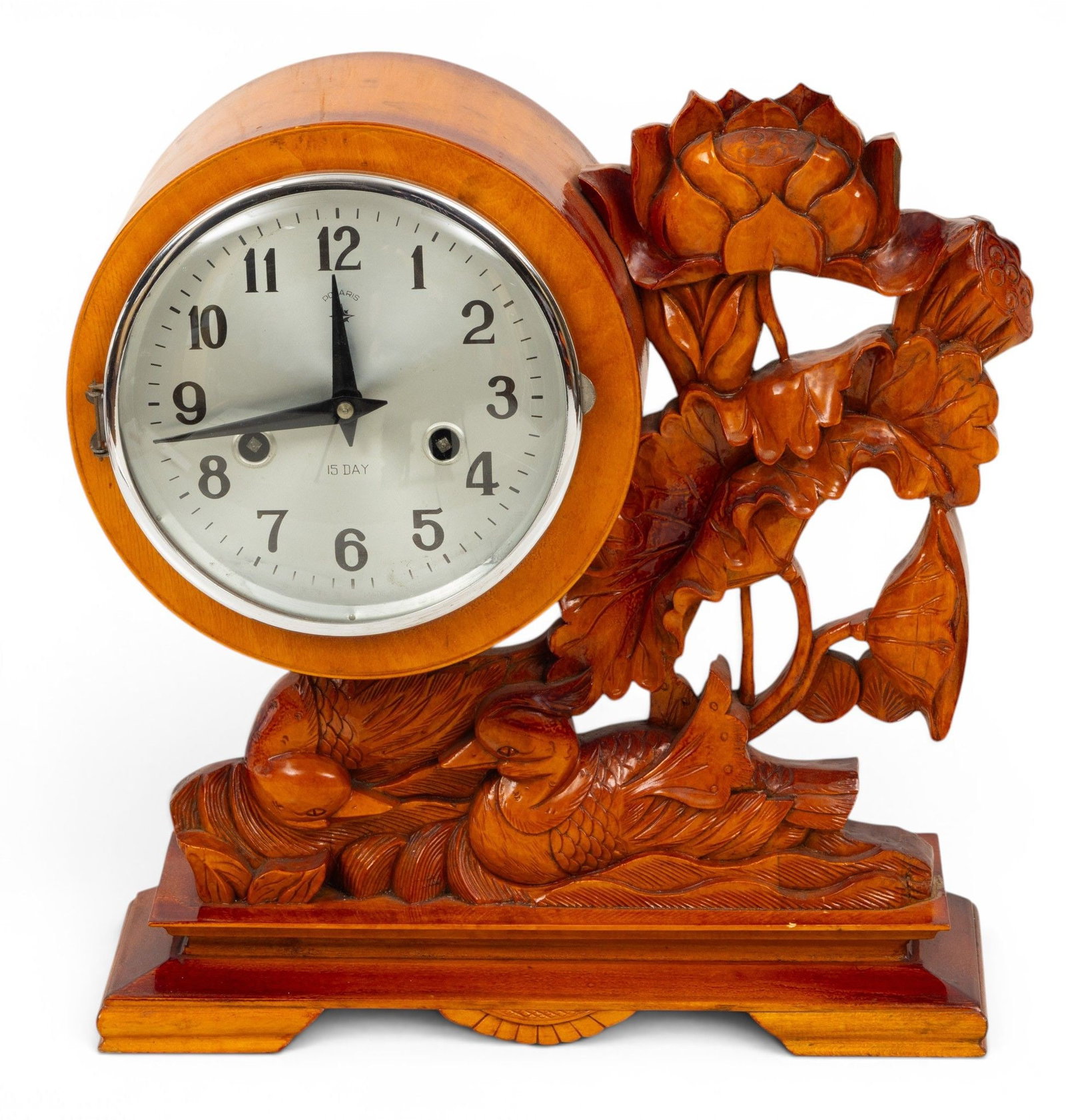 Polaris Art Deco Carved Wood Mantle Chime Clock 1930, H 14" W 14" Depth 5" 1 PC (1 of 7)