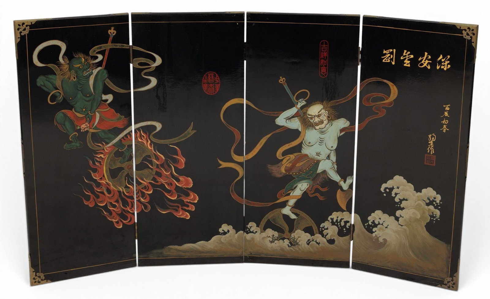 Chinese Painted Black Lacquered Four Panel Folding Screen H 36" W 60" (1 of 7)
