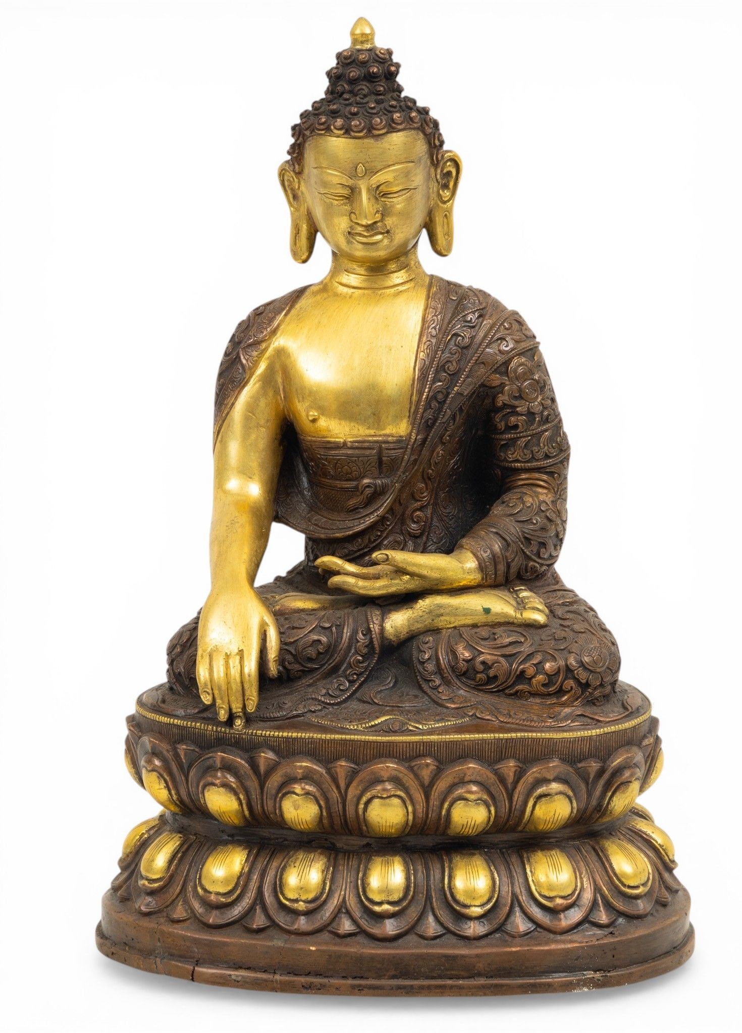Nepalese Patinated Copper Seated Shakyamuni Buddha, 20th C., H 11.5" W 7.5" Depth 5.5": Nepalese Patinated Copper Seated Shakyamuni Buddha, 20th C., H 11.5" W 7.5" Depth 5.5" Cast copper with a brown and gilt patina. Seated on a lotus throne in a lotus position. In an Earth touching mudr