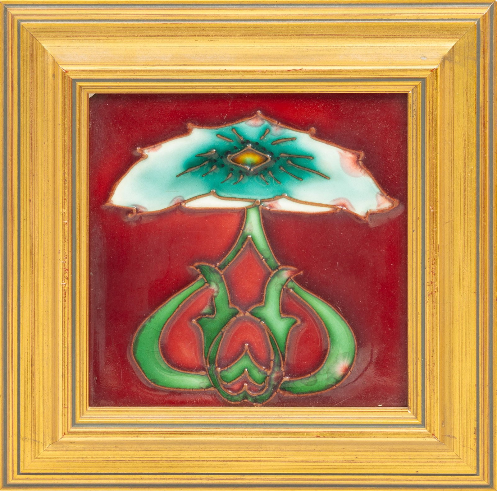English Art Nouveau Floral Tile H 6" W 6": English Art Nouveau Floral Tile H 6" W 6" Framed. Stamped England. Red ground with green design. Gilt wood frame. Dimensions: H 6" W 6" Frame Size: H 9" W 9"