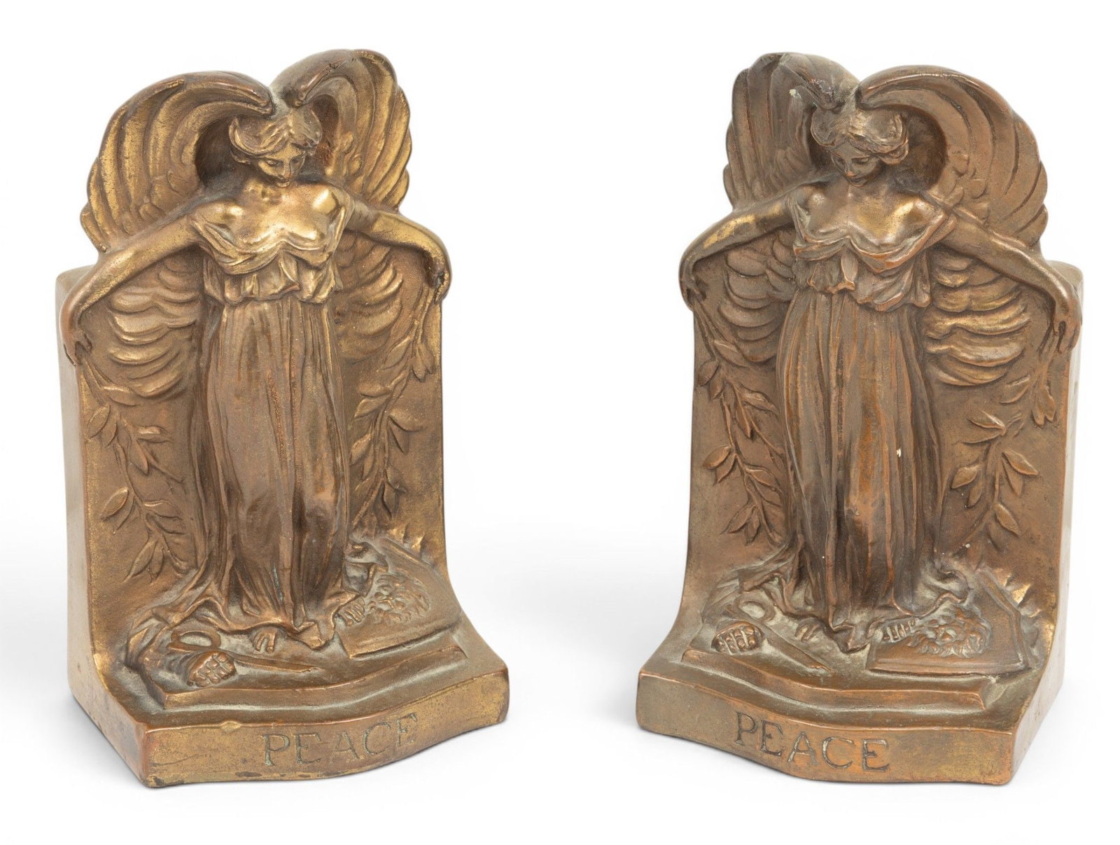 Bronze Clad Angel Bookends 1915, 'Peace', H 8.5" W 5" (1 of 6)