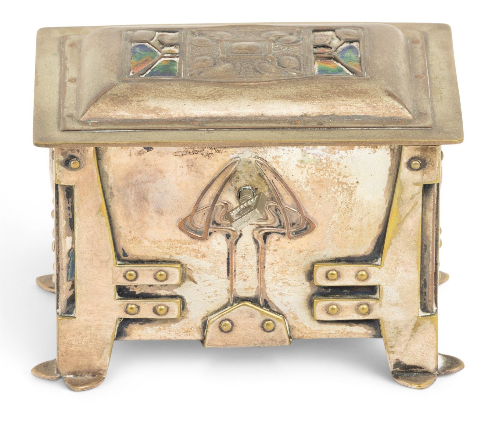 Art Nouveau Silver Plated Jewel Chest 1900, H 3.7" L 5" Depth 3.5": Art Nouveau Silver Plated Jewel Chest 1900, H 3.7" L 5" Depth 3.5" Velvet lined. Hinged cover with key. Enamel decorated. Dimensions: H 3.7" L 5" Depth 3.5"