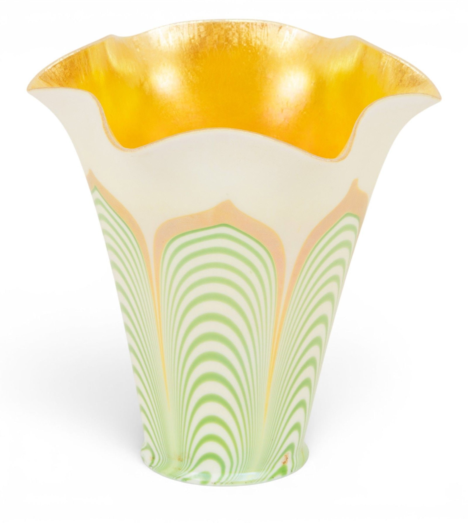 Steuben Glass (American) Art Glass Pulled Feather Iridescent Shade 20th Cent., H 5.5" Dia. 5.25": Steuben Glass (American) Art Glass Pulled Feather Iridescent Shade 20th Cent., H 5.5" Dia. 5.25" Green and gold feather on alabaster glass with iridescent interior. Silver Steuben mark on top interior
