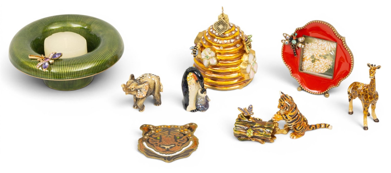 Jay Strongwater Enamel Mini Figurines 2013, 6 PCS: Jay Strongwater Enamel Mini Figurines 2013, 6 PCS Tiger on log with butterfly $295., mother and baby penguin, giraffe $195., elephant, tiger brass paper clip $85., red enamel mini frame, Xmas ornament
