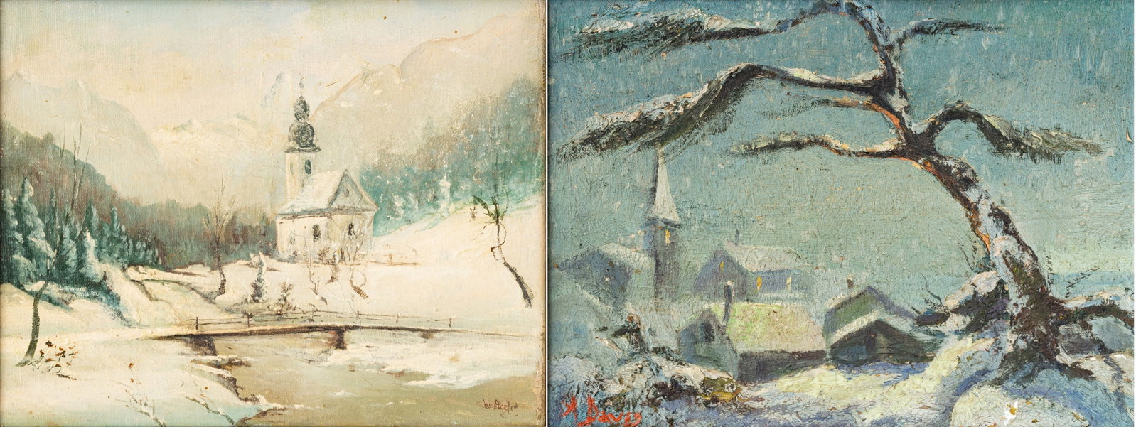 Oil Paintings of Winter Scenes, Ca. 20th C., 2 PCS (1 of 9)