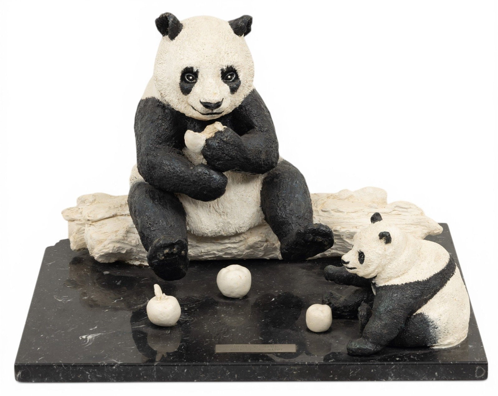 Regina Engelhardt (Polish/ American, 1928-2024) Patinated Ceramic and Marble Sculpture 'Sharing: Regina Engelhardt (Polish/ American, 1928-2024) Patinated Ceramic and Marble Sculpture 'Sharing Time', H 11.5" W 17.5" Depth 15.5" Black and white patinated Seated pandas on marble base. Signed on ver