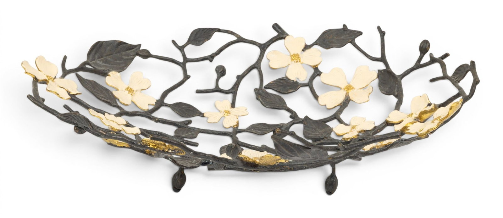 Michael Aram, Metal, Oxidized Brass, and Enamel Dogwood Basket 1990, W 13" L 16.5" Depth 3.5": Michael Aram, Metal, Oxidized Brass, and Enamel Dogwood Basket 1990, W 13" L 16.5" Depth 3.5" Openwork centerpiece. Hand forged in metal, white enamel petals and oxidized brass. Basket centerpiece. Si