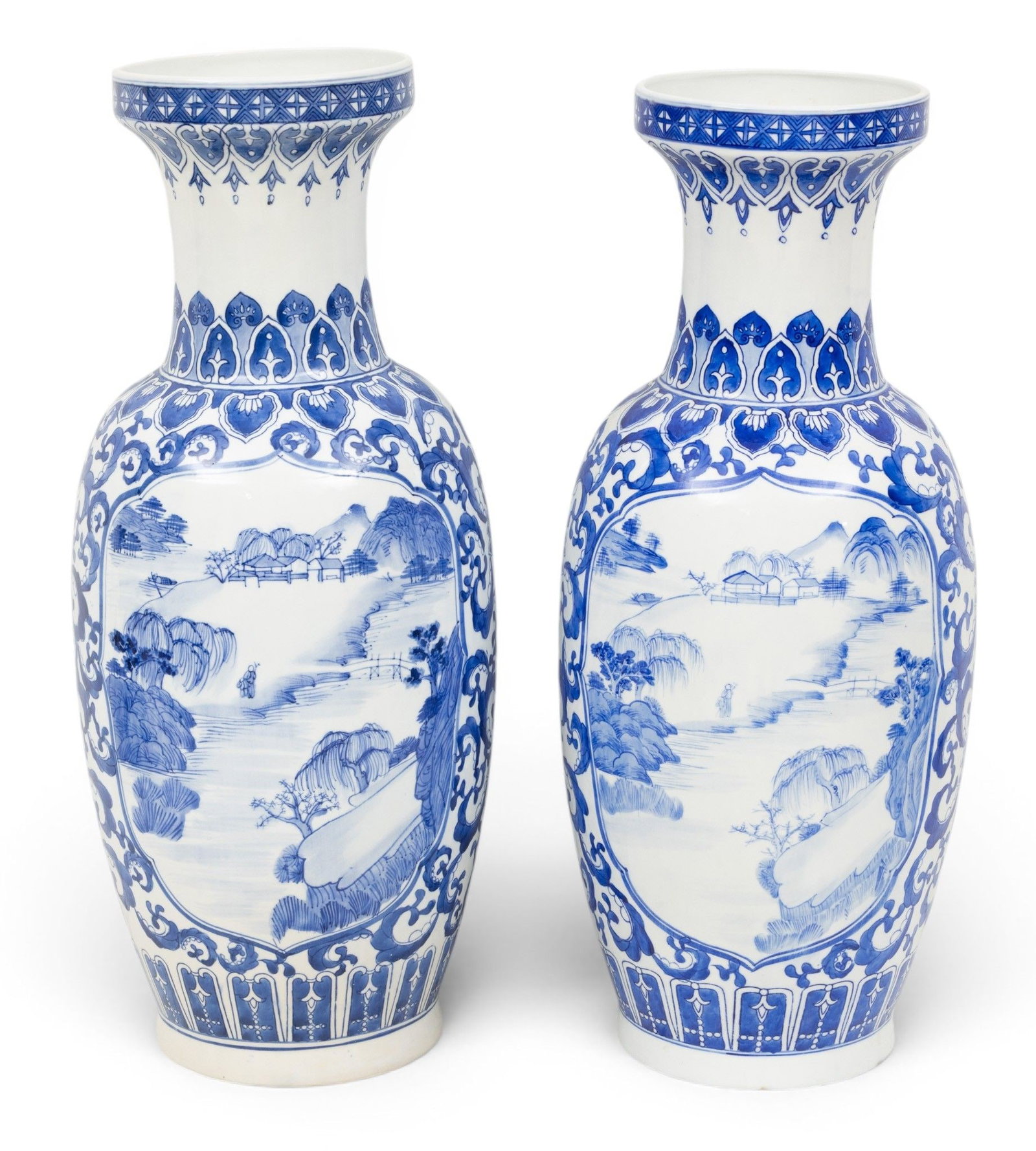 Chinese Blue on White Porcelain Large Scale Vases 20th C., H 24" Dia. 8" 1 PAIR: Chinese Blue on White Porcelain Large Scale Vases 20th C., H 24" Dia. 8" 1 PAIR Baluster form with hand painted cartouches of southern Chinese lakes and mountains. Provenance: Property from the 