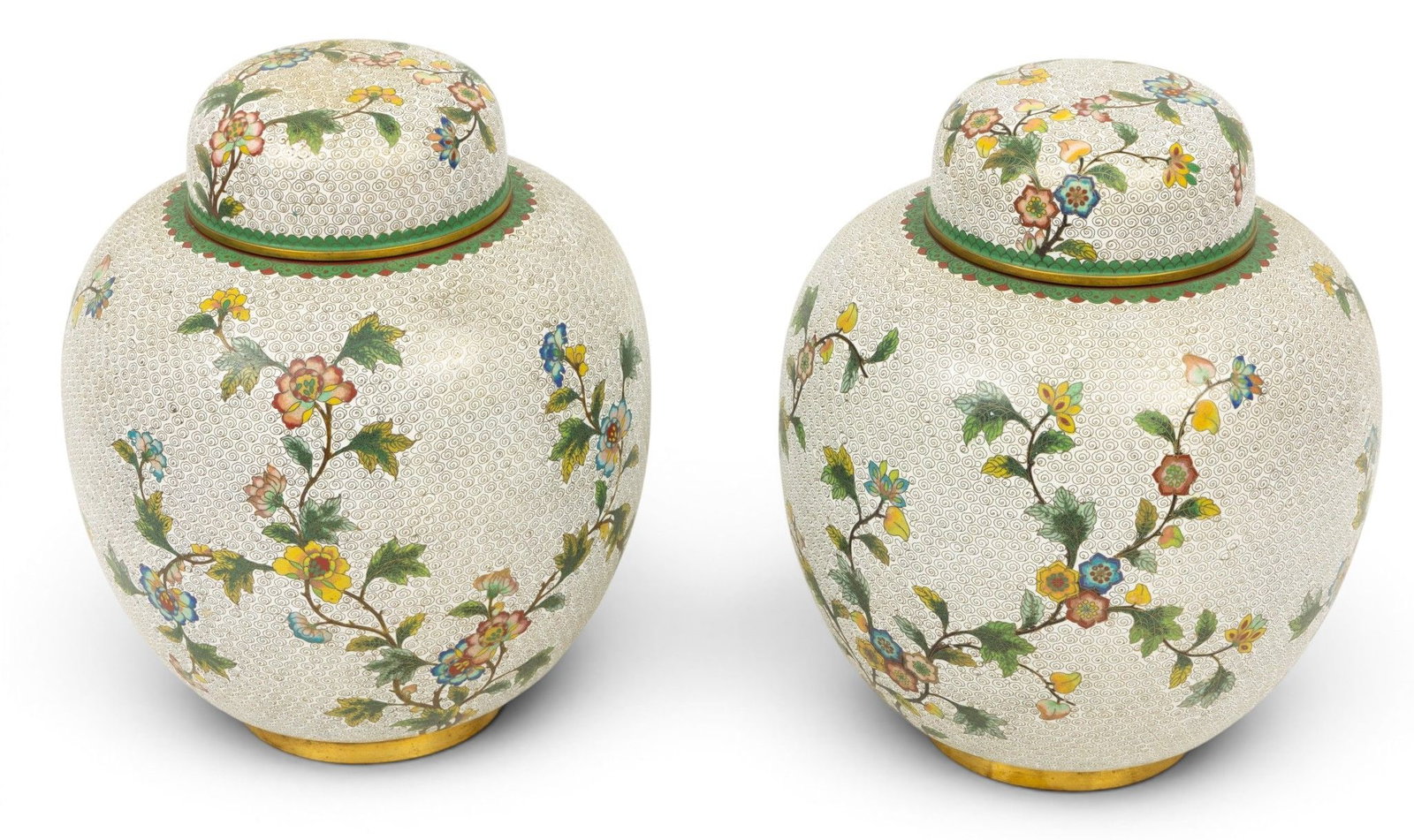 Chinese Cloisonne Covered Ginger Jars, Ca. Early 20th C., H 10.5" Dia. 8.75" 2 PCS (1 of 5)