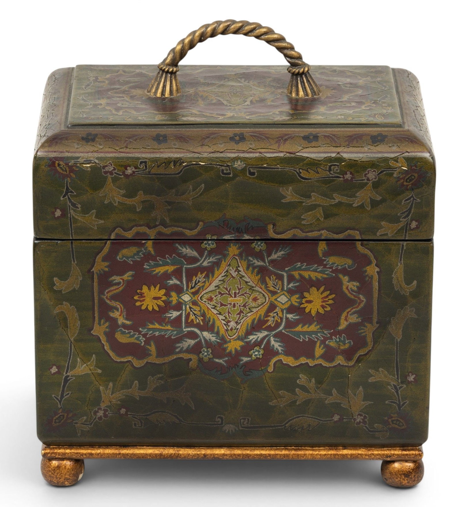 Asian Lacquered Wood Decorative Storage Box H 11" W 9" L 6": Asian Lacquered Wood Decorative Storage Box H 11" W 9" L 6" Having chinoiserie floral motifs and twisted rope handle. Dimensions: H 11" W 9" L 6"