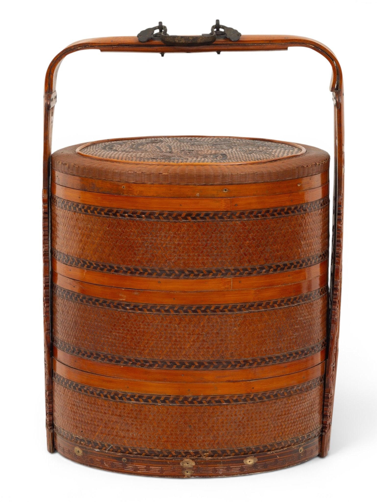Chinese Wooden Bamboo and Rattan Wedding Basket with Handles H 25" W 17" Depth 16.5": Chinese Wooden Bamboo and Rattan Wedding Basket with Handles H 25" W 17" Depth 16.5" Having carved and pierced dragon form handle supports. Bamboo and rattan banding, comprised of three stacked tiers,
