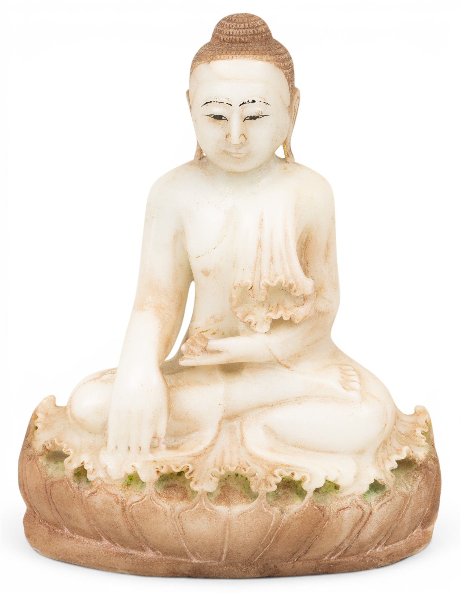 Albaster Marble Seated Buddha from Mandalay H 16" W 12" Depth 5": Albaster Marble Seated Buddha from Mandalay H 16" W 12" Depth 5" An alabaster Buddha seated in the bhumisparsha mudra pose on a lotus blossom form base. Dimensions: H 16" W 12" Depth 5"