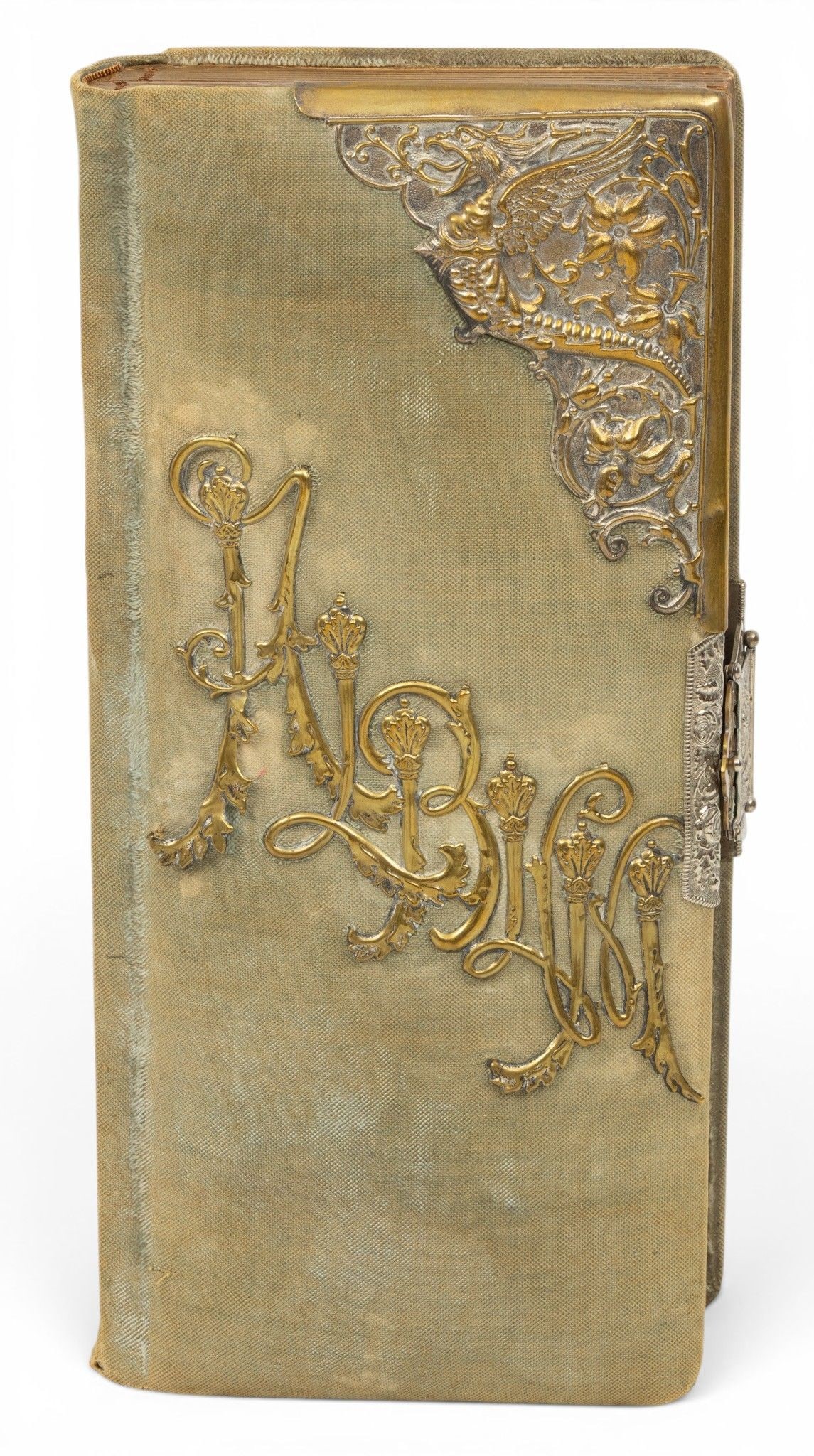 American Family Photo Album 1900era, H 16" W 7" Depth 3" 1 PC: American Family Photo Album 1900era, H 16" W 7" Depth 3" 1 PC A large album filled with family photographs. Cover has applied metal "Album" and corner bracket as well as closure. 16 pages with 2 portr