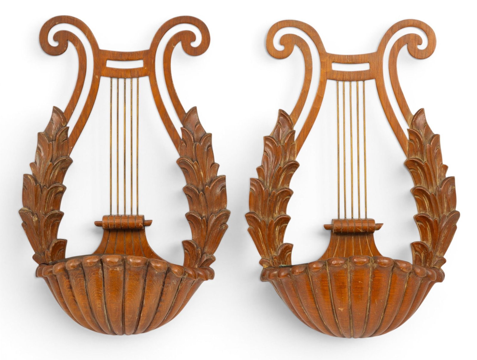 Neoclassical Style Lyre from Wall Pockets Early 20th C., H 20.25" W 13.5" Depth 5.25" 1 PAIR: Neoclassical Style Lyre from Wall Pockets Early 20th C., H 20.25" W 13.5" Depth 5.25" 1 PAIR Lyre form with carved acanthus leaf sides and a shell form basin with removable copper trays. Provenance: F