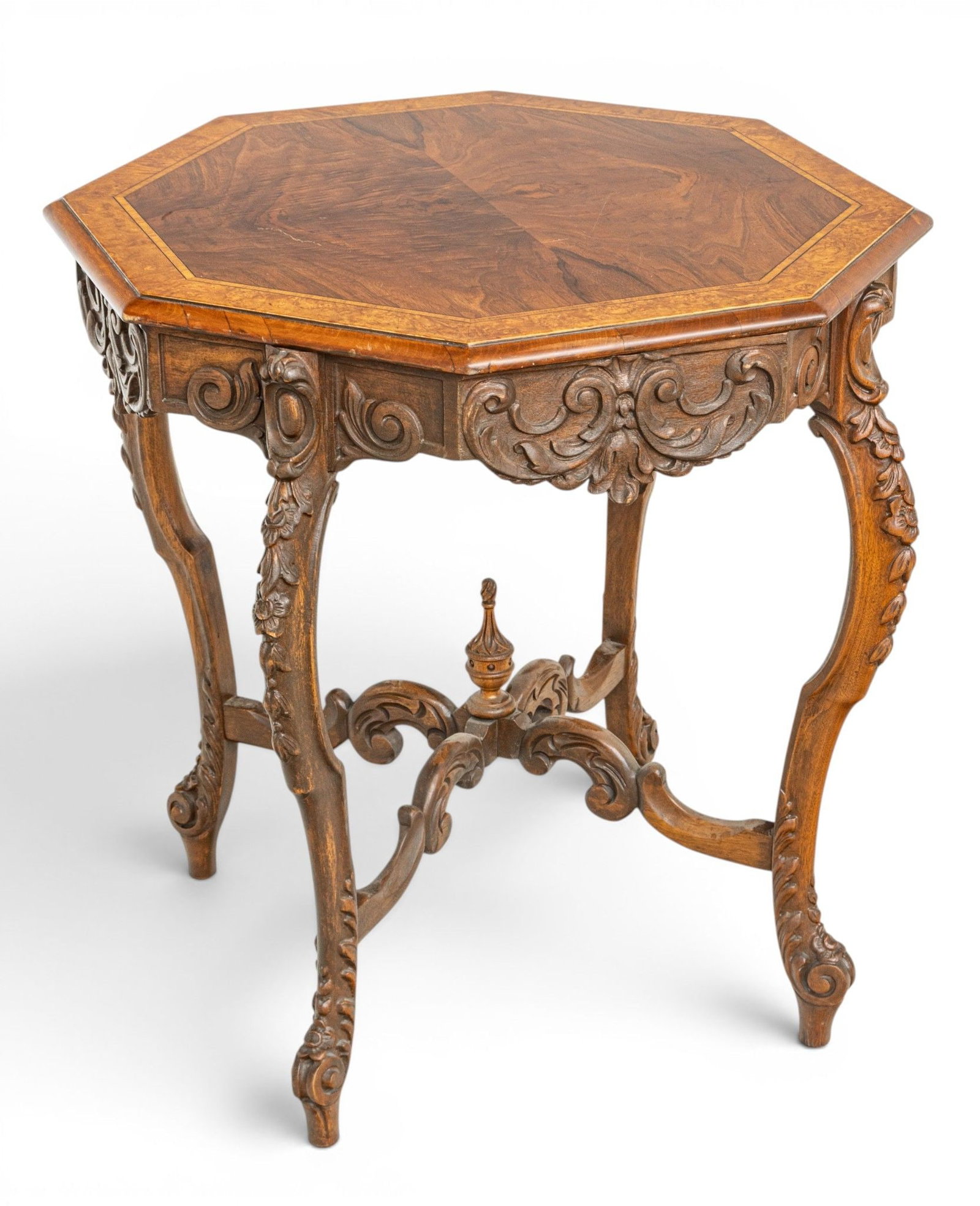 Italian Rococo Revival Carved Walnut and Burl Walnut Octagonal Occasional Table 19th C., H 30" Dia. (1 of 6)