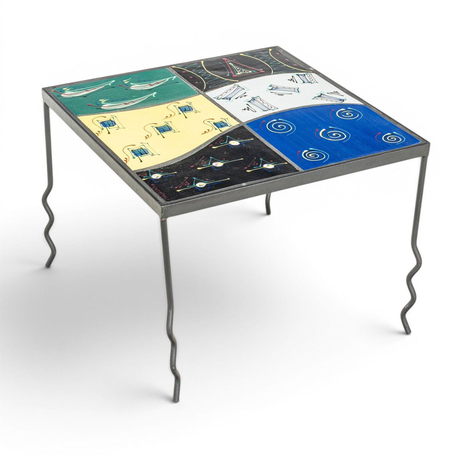 Bearing Signature Karapoli Glazed Ceramic Tile on Iron Frame Occasional Table H 17" W 22" L 22" (1 of 7)