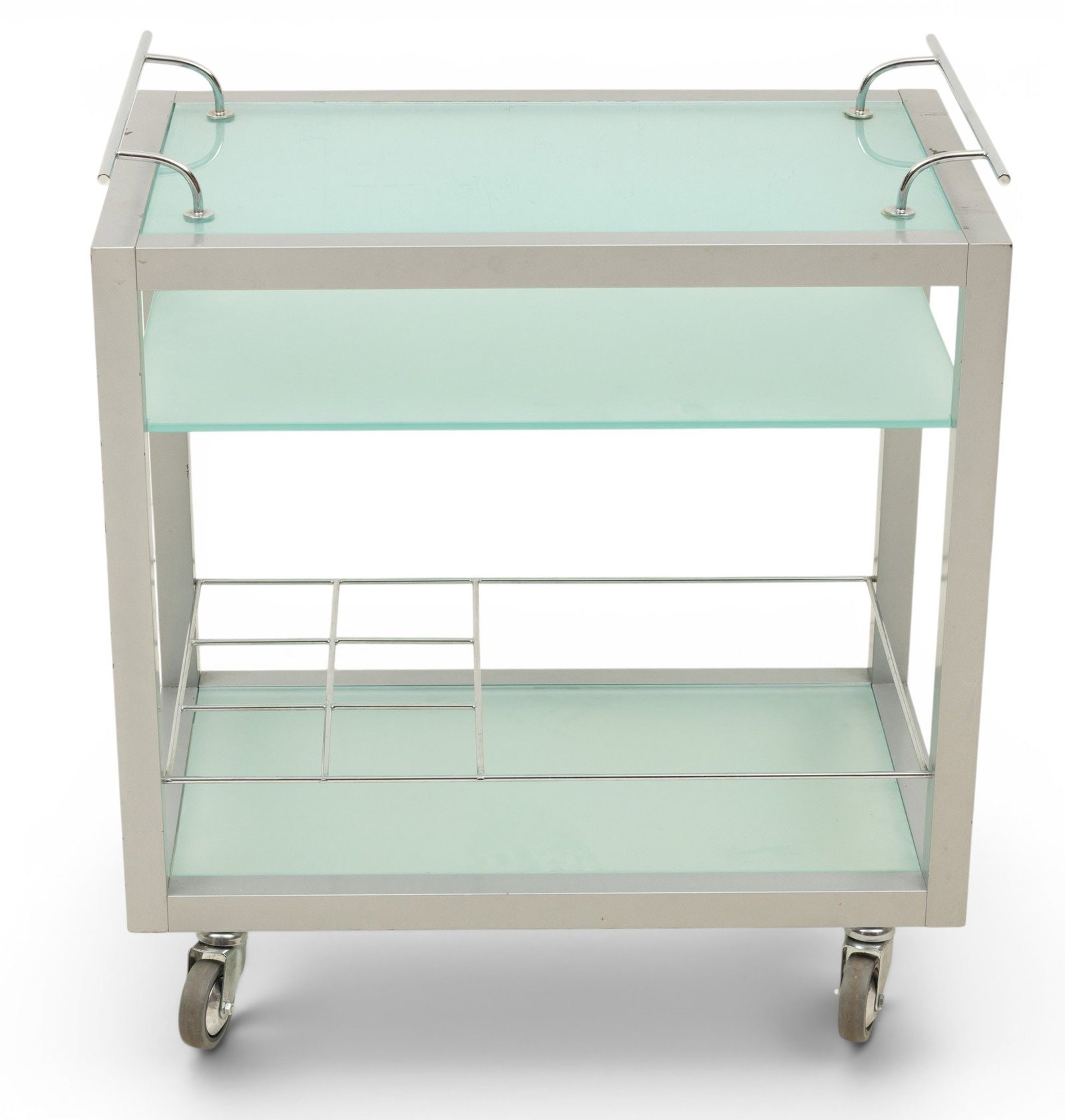 Modern Bar Cart H 30" W 27" Depth 16.5": Modern Bar Cart H 30" W 27" Depth 16.5" Having a removable tray top with chrome handles above a pullout frosted glass shelf over two frosted glass shelves, raised on castors. Dimensions: H 30" W