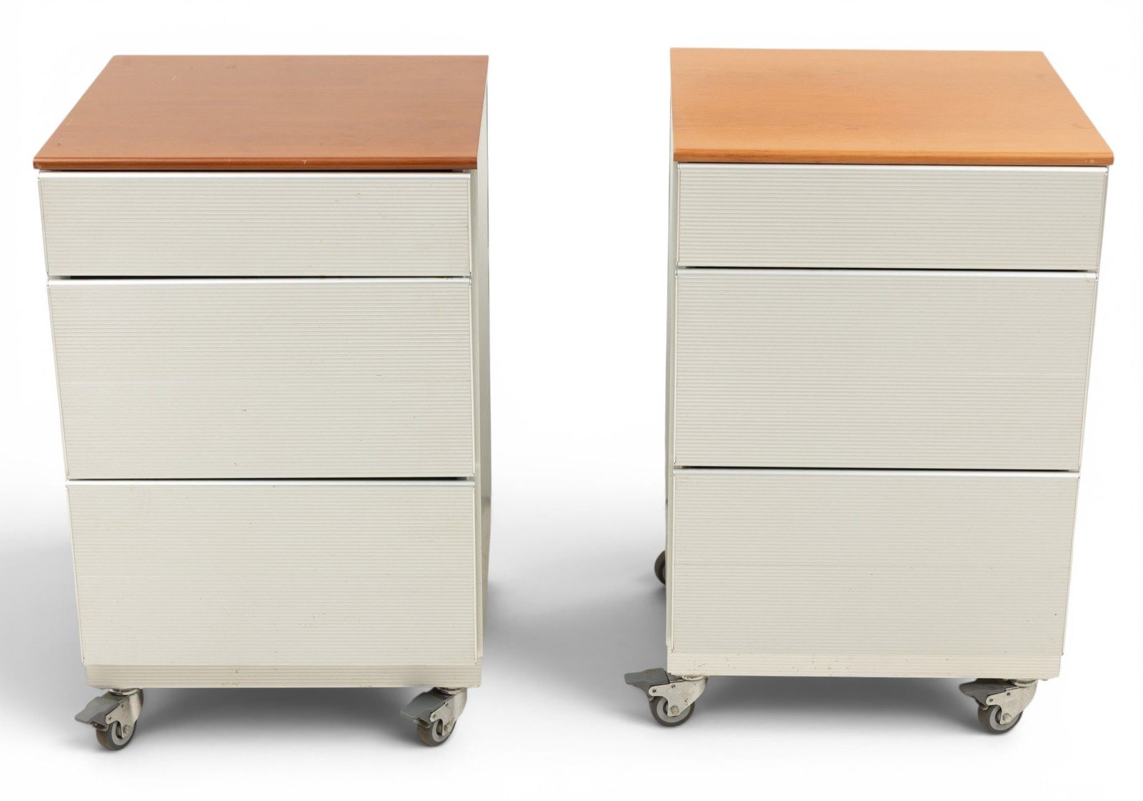 Italian Cabinets As Night Tables H 31" W 20" L 20" 1 PAIR: Italian Cabinets As Night Tables H 31" W 20" L 20" 1 PAIR Having cherry wood top above three drawers, raised on castors. Dimensions: H 31" W 20" L 20" 1 PAIR