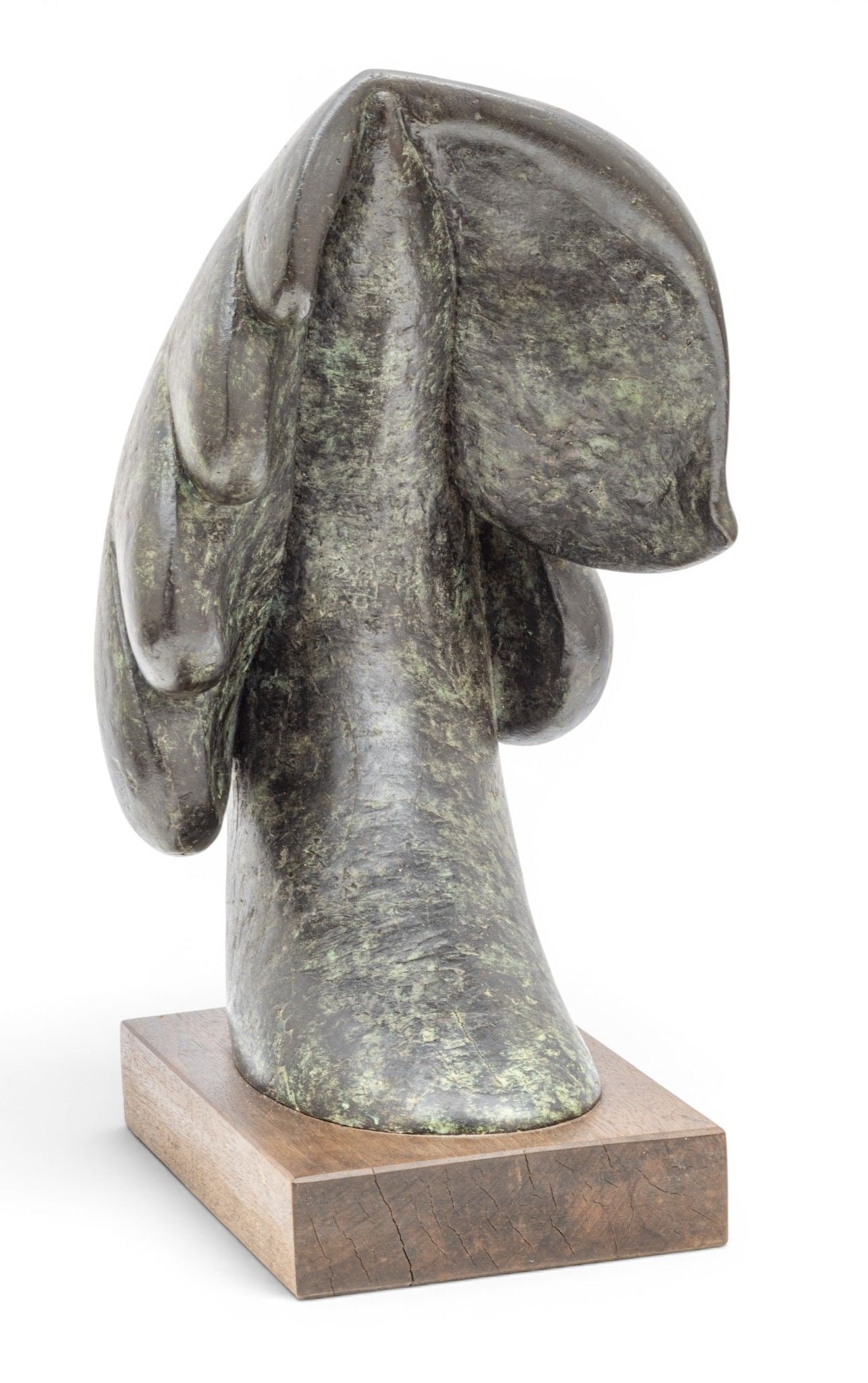 American Patinated Bronze Sculpture, H 15.5" W 10" Depth 11": American Patinated Bronze Sculpture, H 15.5" W 10" Depth 11" Unsigned. Having a mottled green and black patina. Mounted to a wooden pedestal base. Provenance: From the Collection of Frech F. Sut