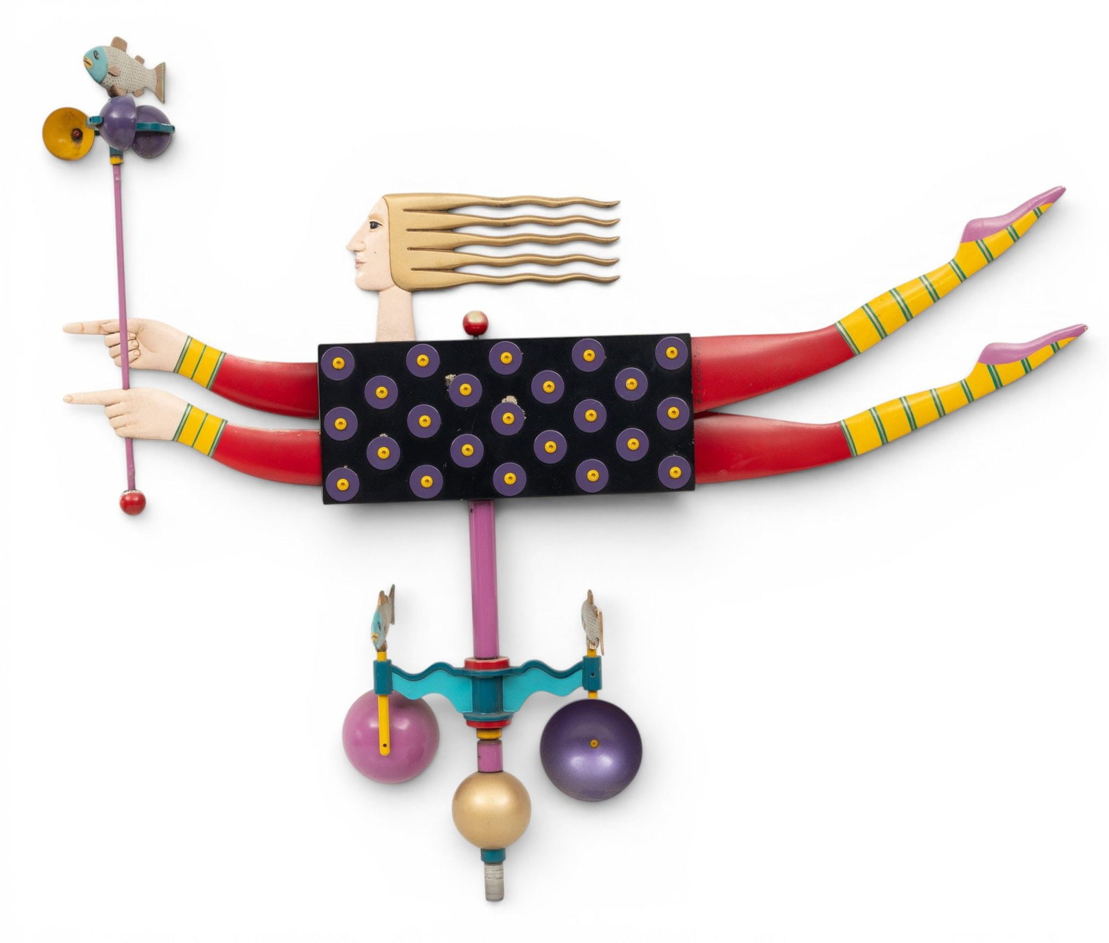 James Eaton (American) Polychrome Whirligig, Ca. 2000, H 32" W 40": James Eaton (American) Polychrome Whirligig, Ca. 2000, H 32" W 40" A polychrome whirligig in the form of a female figure perched atop a spinning rod and holding a spinning wand. Signed and dated. 