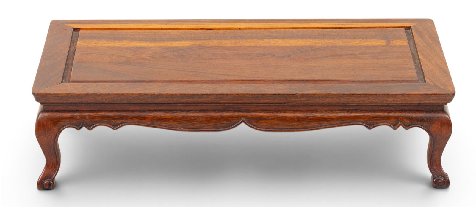 Chinese Carved Teakwood Display Stand 20th C., H 4" L 16" Depth 9": Chinese Carved Teakwood Display Stand 20th C., H 4" L 16" Depth 9" On four cabriole legs with trefoil feet. Scalloped apron. Incised top. Provenance: Property from the Collection of Marianne End