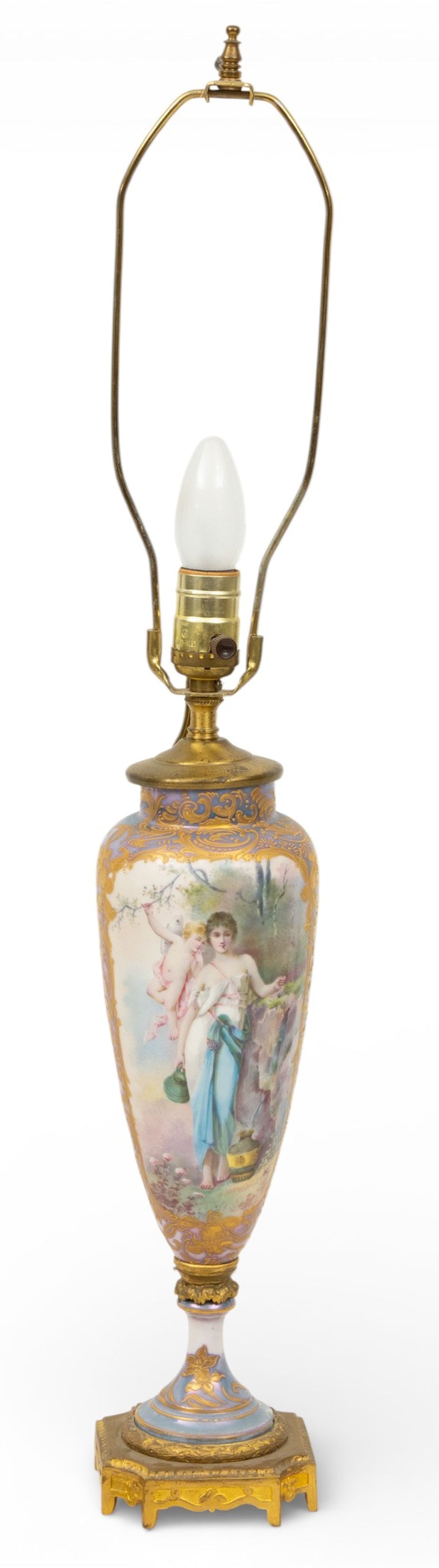 SEVRES (FRENCH) Porcelain Table Lamp, Iridescent Lavender Glaze Signed Daly 19th.c., H 28'': SEVRES (FRENCH) Porcelain Table Lamp, Iridescent Lavender Glaze Signed Daly 19th.c., H 28'' Having a front panel decorated with allegorical figure with putti, back is an Art Nouveau style gilt glaze g