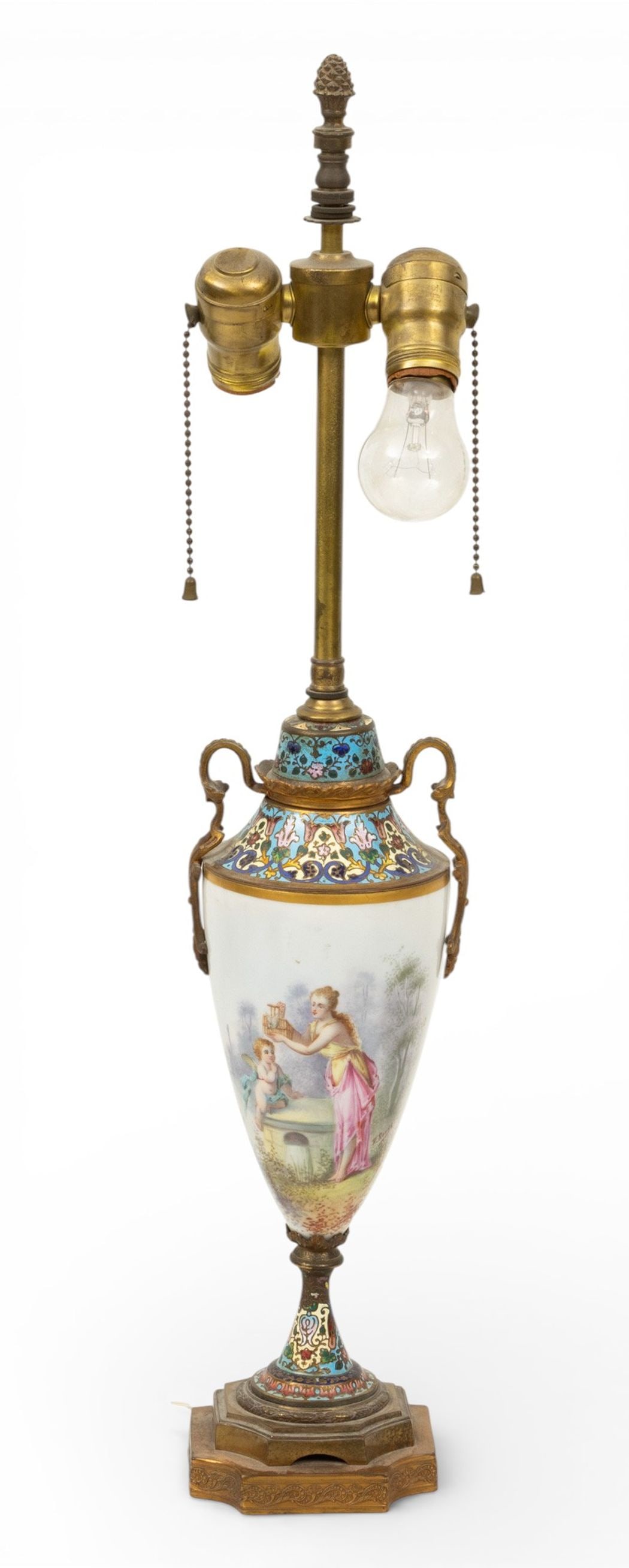 SEVRES (FRENCH) Porcelain and Champleve Enamel Hand Painted Urn Lamp 19th. C., H 25" 1 PC: SEVRES (FRENCH) Porcelain and Champleve Enamel Hand Painted Urn Lamp 19th. C., H 25" 1 PC Carefully painted scene of allegorical woman offering a dove to winged cupid. Reverse scene is a landscape. Si