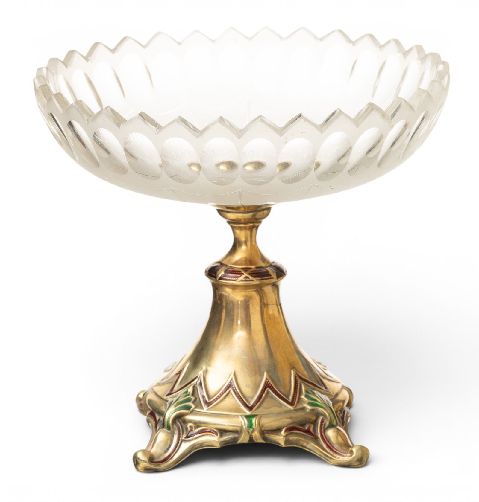 Crystal Compote, Gilt Base, Enamel Highlights 1900, H 7" Dia. 7" (1 of 3)